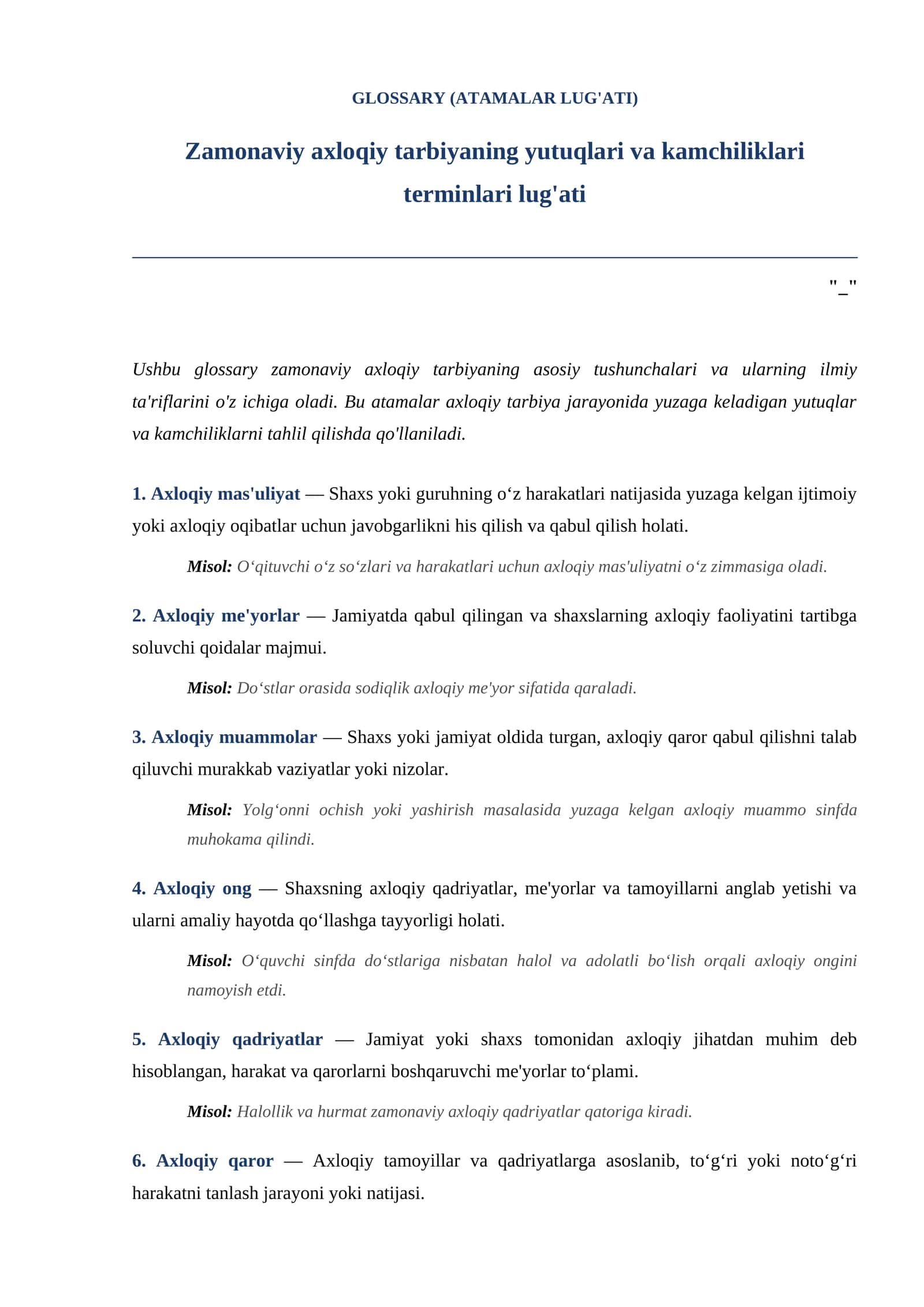 Zamonaviy axloqiy tarbiyaning yutuqlari va kamchiliklari terminlari lug'ati 1