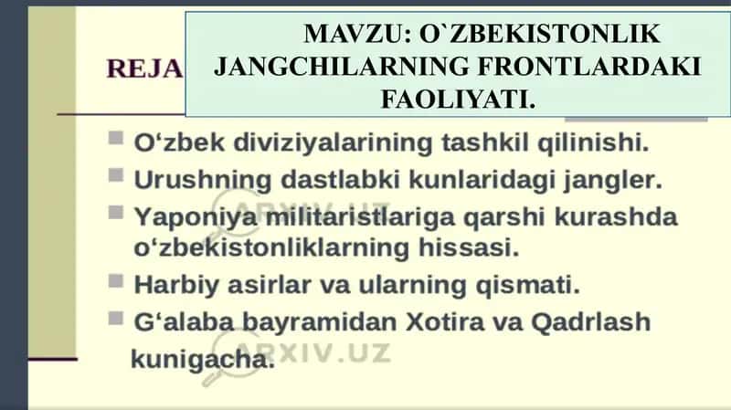 O‘ZBEKISTONLIK JANGCHILARNING FRONTLARDAKI FAOLIYATI 1