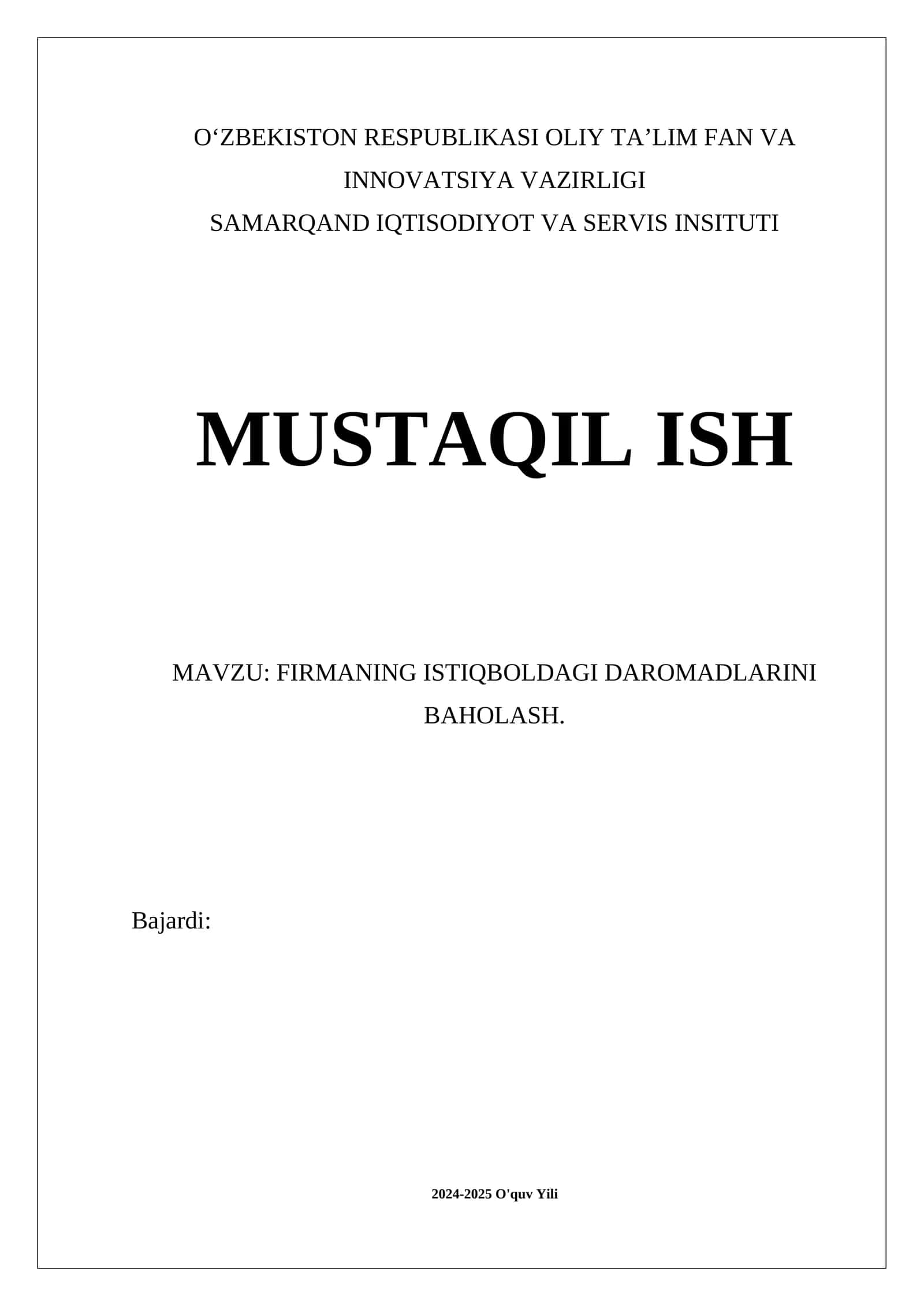 FIRMANING ISTIQBOLDAGI DAROMADLARINI BAHOLASH 1