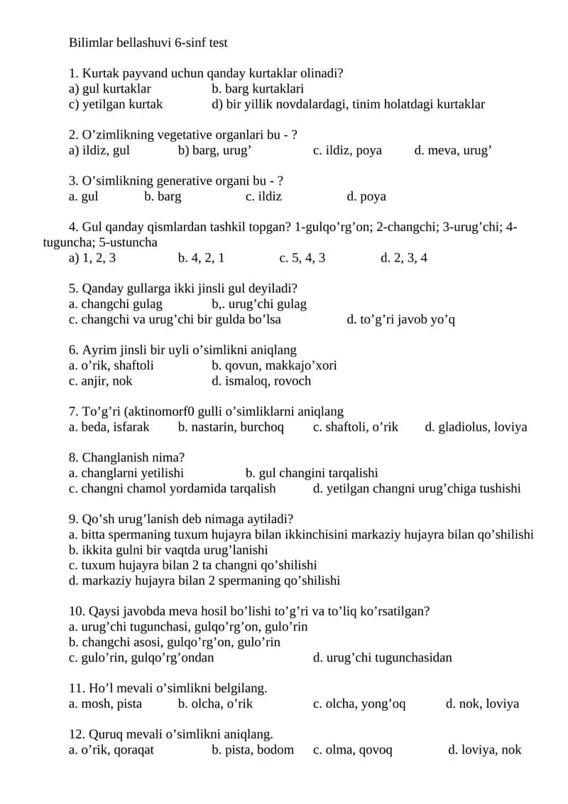 Bilimlar bellashuvi 6-sinf test 1