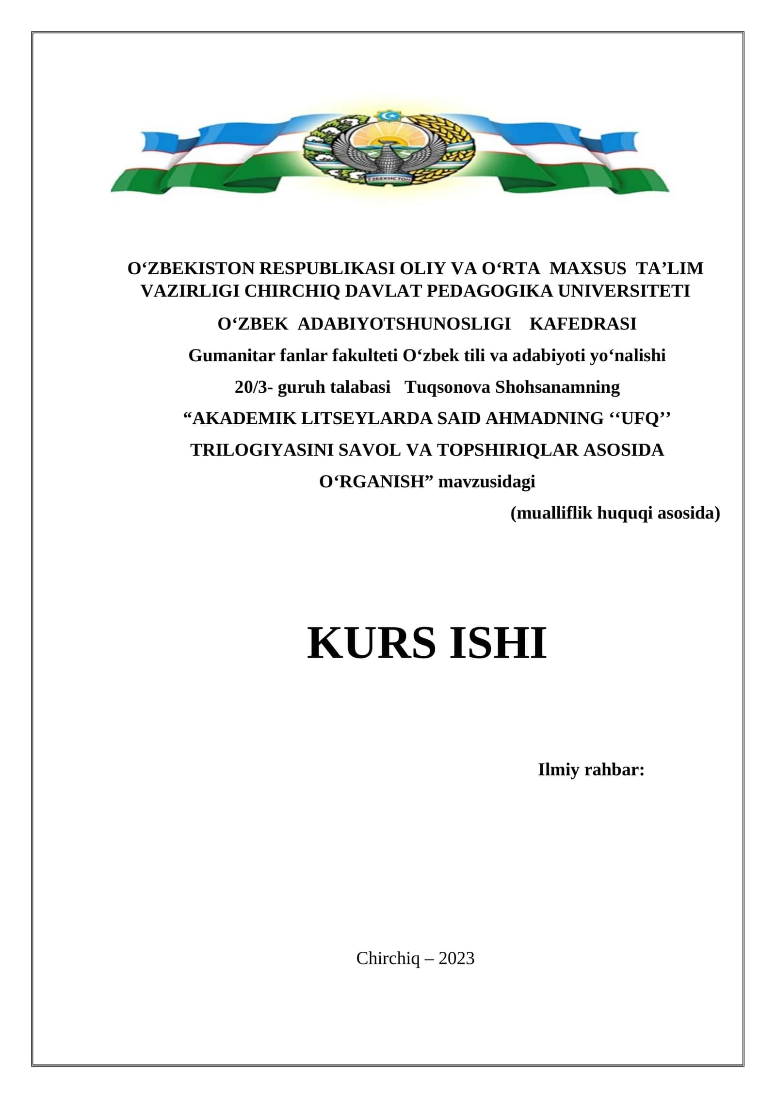 AKADEMIK LITSEYLARDA SAID AHMADNING ‘‘UFQ’’ TRILOGIYASINI SAVOL VA TOPSHIRIQLAR ASOSIDA O‘RGANISH 1