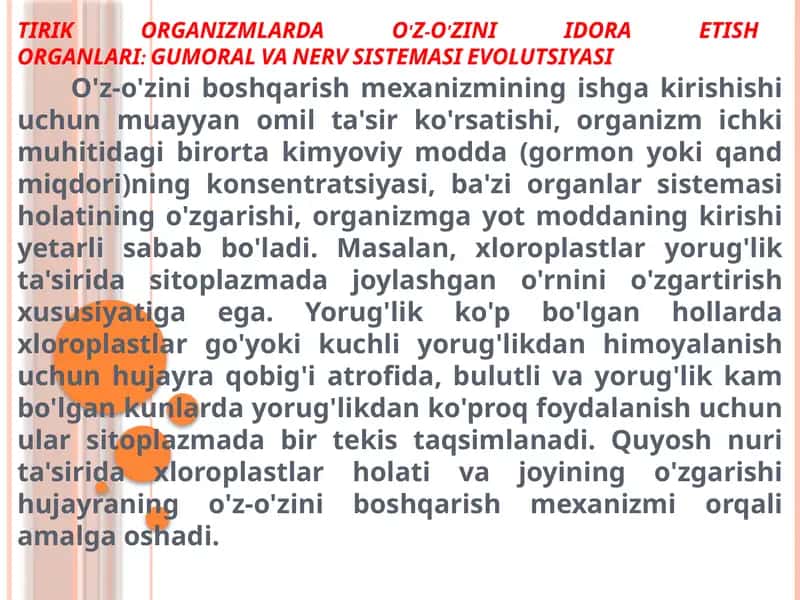 TIRIK ORGANIZMLARDA O'Z-O'ZINI IDORA ETISHORGANLARI: GUMORAL VA NERV SISTEMASI EVOLUTSIYASI 1