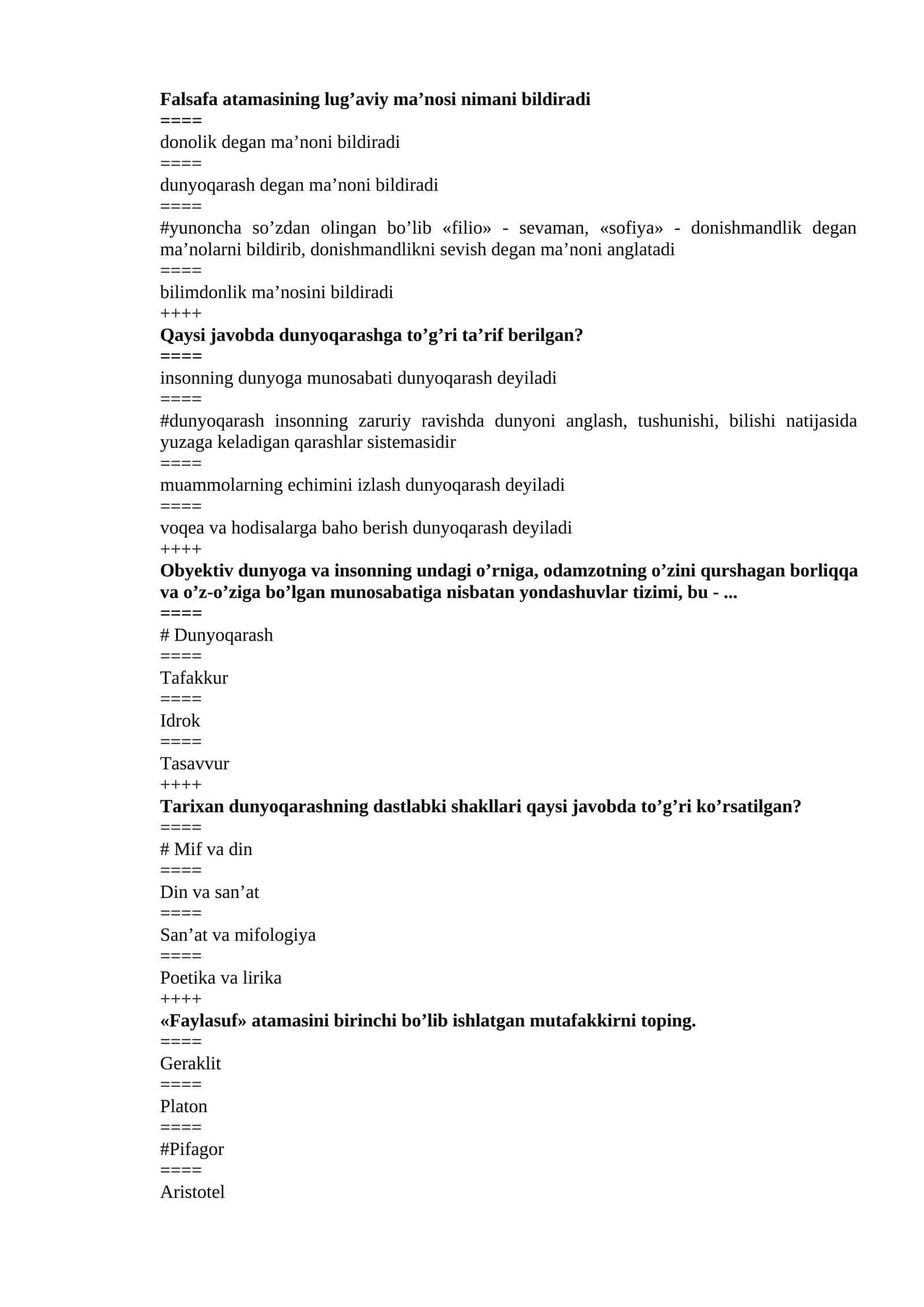 falsafa test savollari va javoblari 1