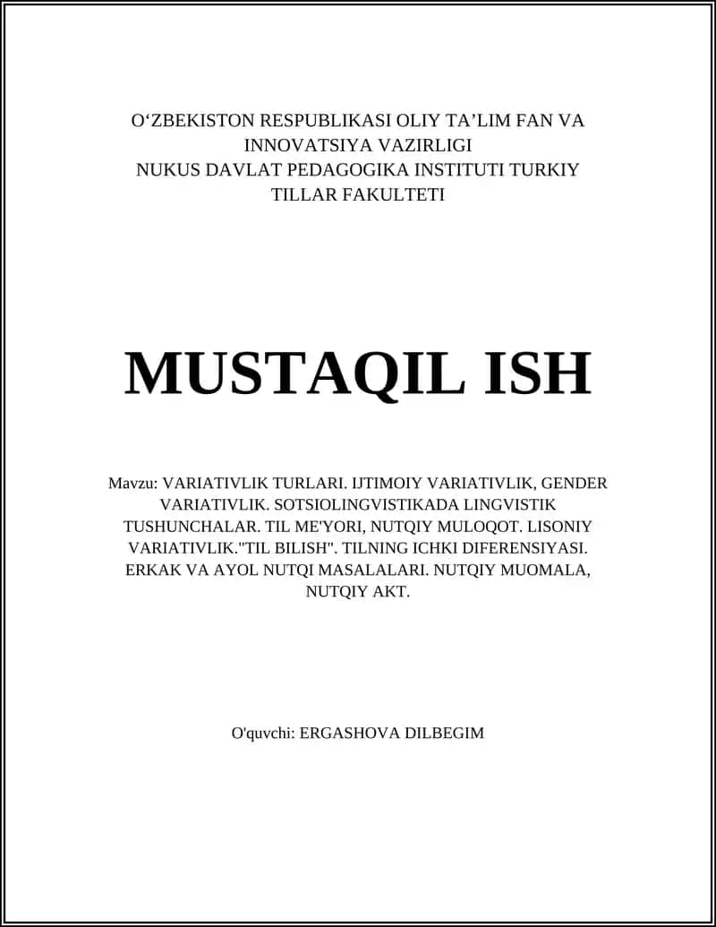 VARIATIVLIK TURLARI. IJTIMOIY VARIATIVLIK, GENDER VARIATIVLIK. SOTSIOLINGVISTIKADA LINGVISTIK TUSHUNCHALAR 1