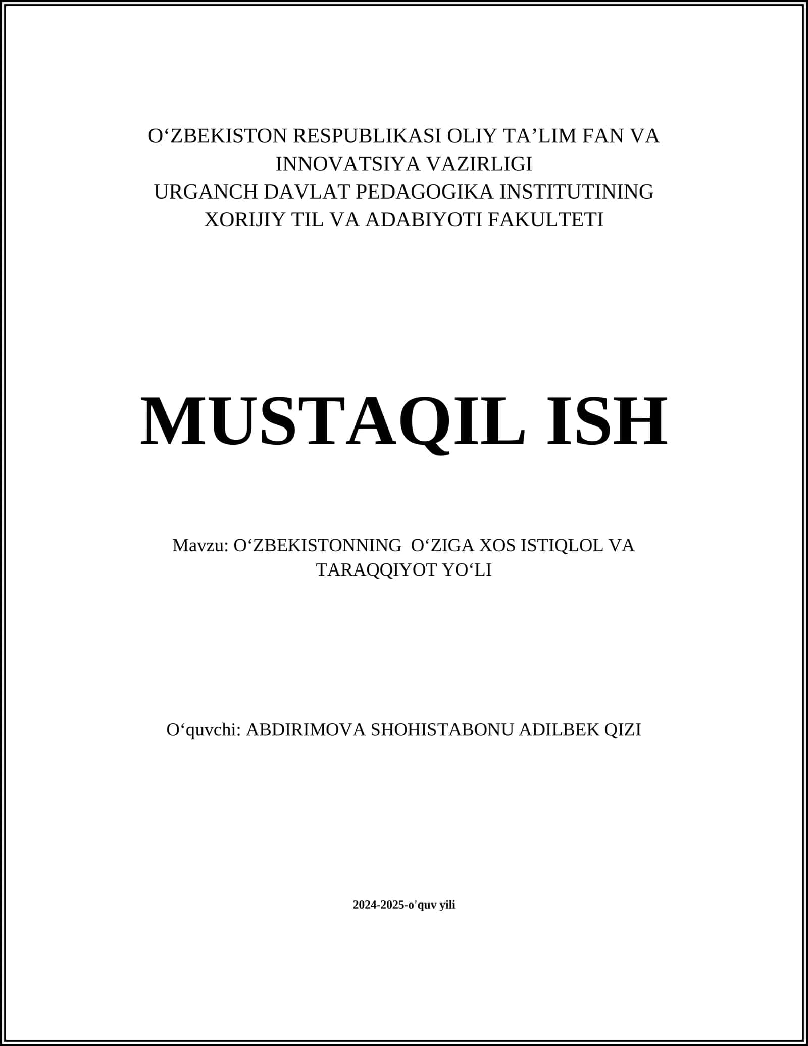 OʻZBEKISTONNING OʻZIGA XOS ISTIQLOL VA TARAQQIYOT YOʻLI 1