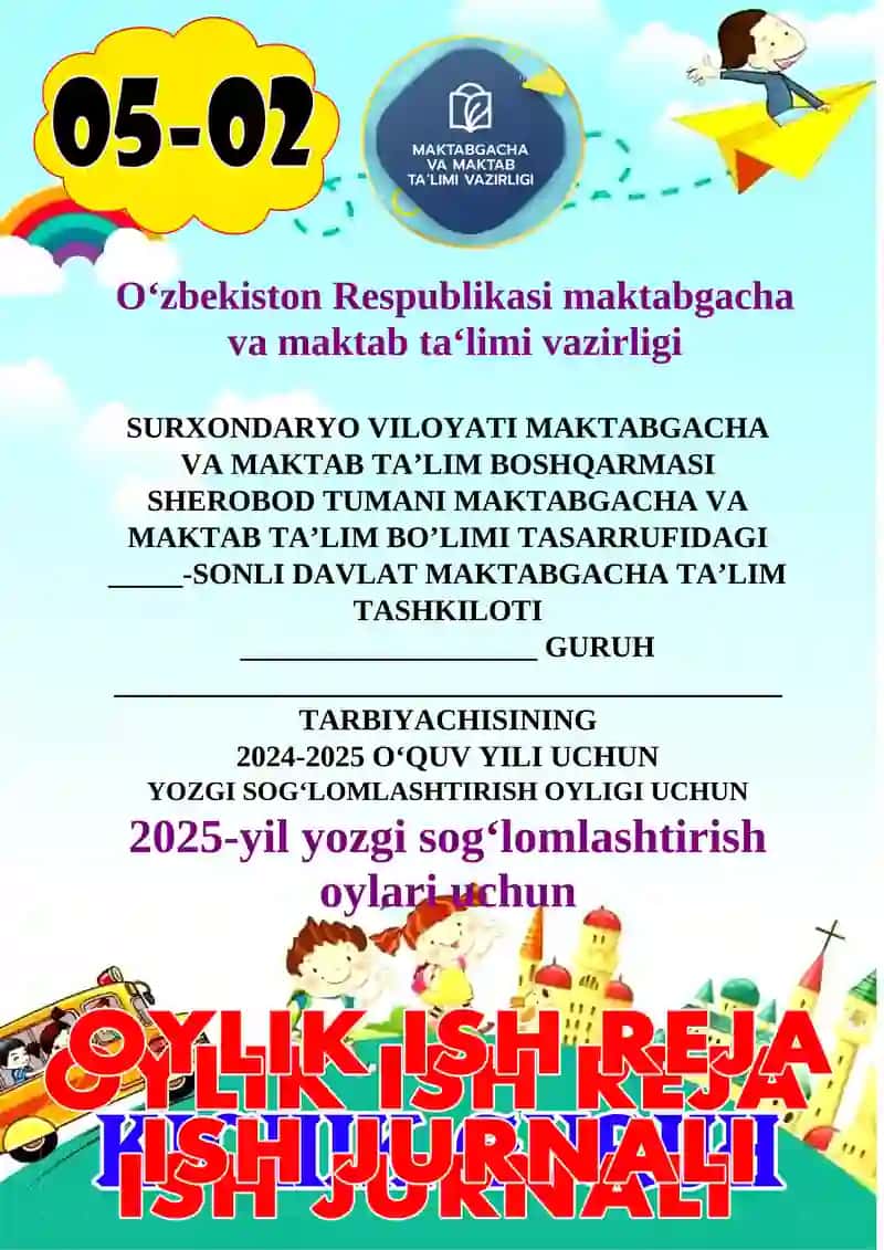 Yozgi Sog'hlomlashtirish Oylik ish reja maktabgacha ta'lim tashkiloti uchun 1