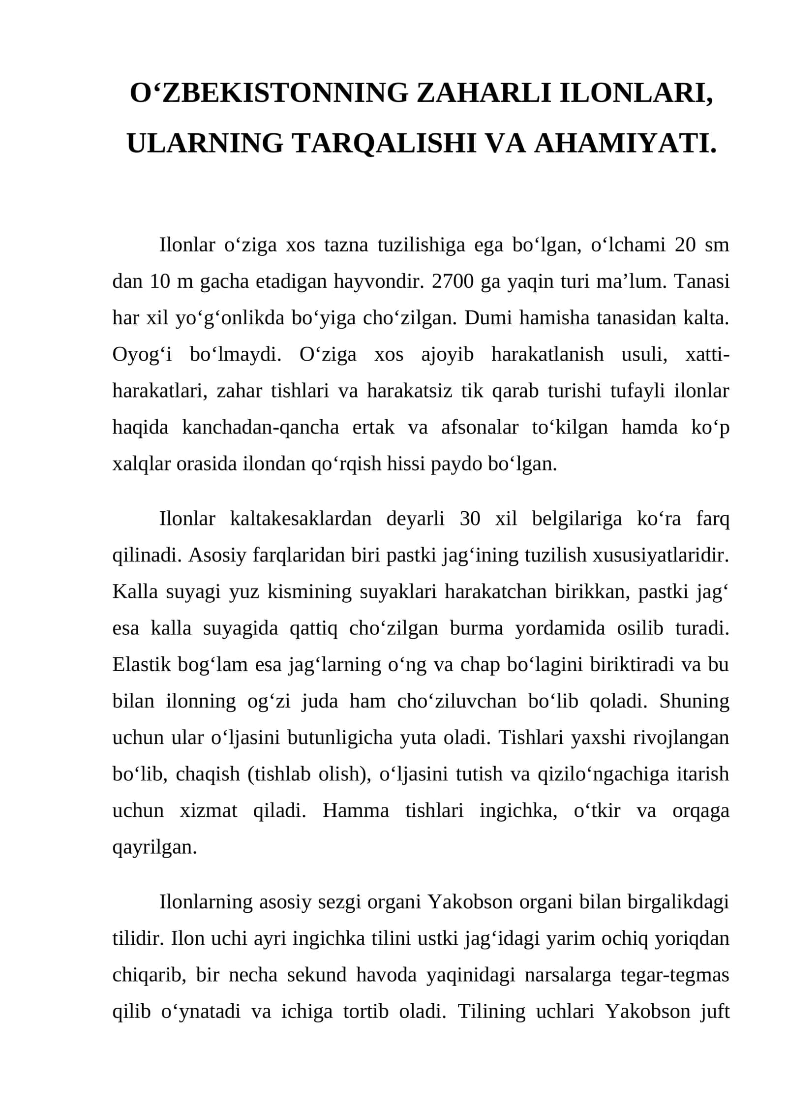 O‘zbekistonning zaharli ilonlari, ularning tarqalishi va ahmiyati 1