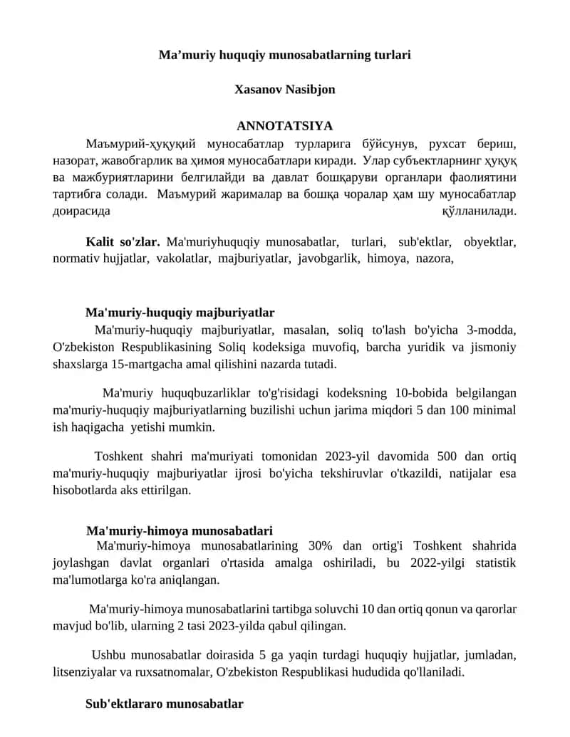 Ma'muriy huquqiy munosabatlarning turlari 1