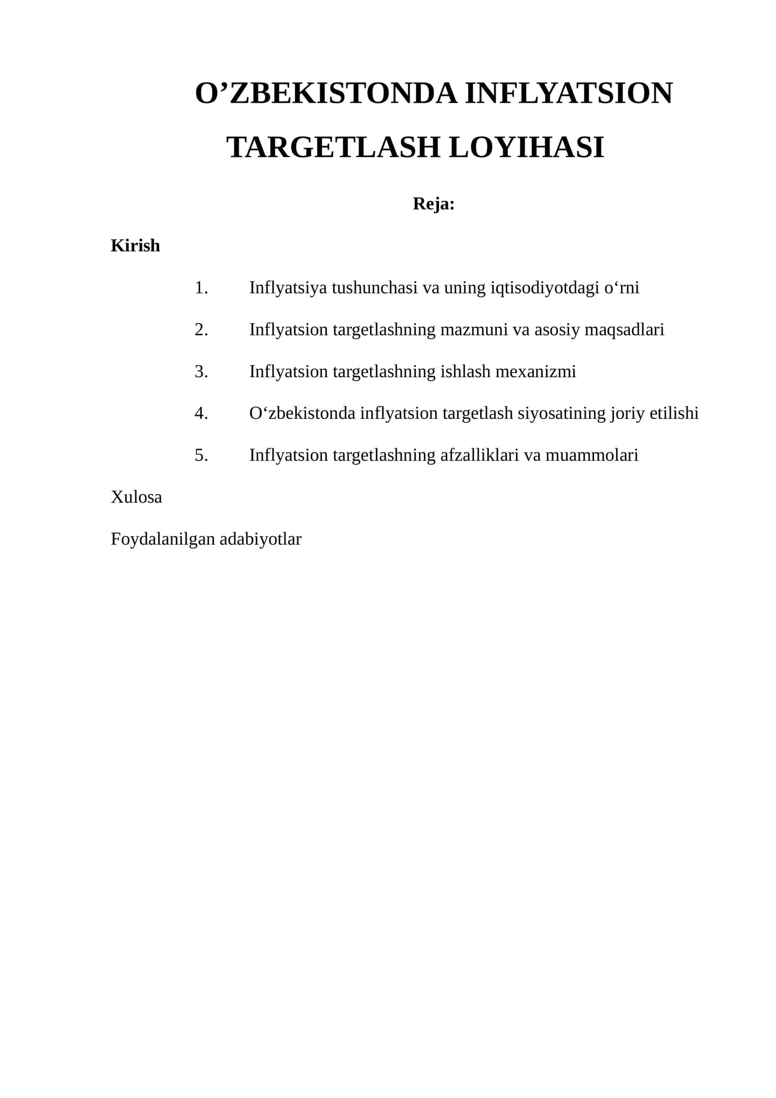 O'ZBEKISTONDA INFLYATSION TARGETLASH LOYIHASI 1