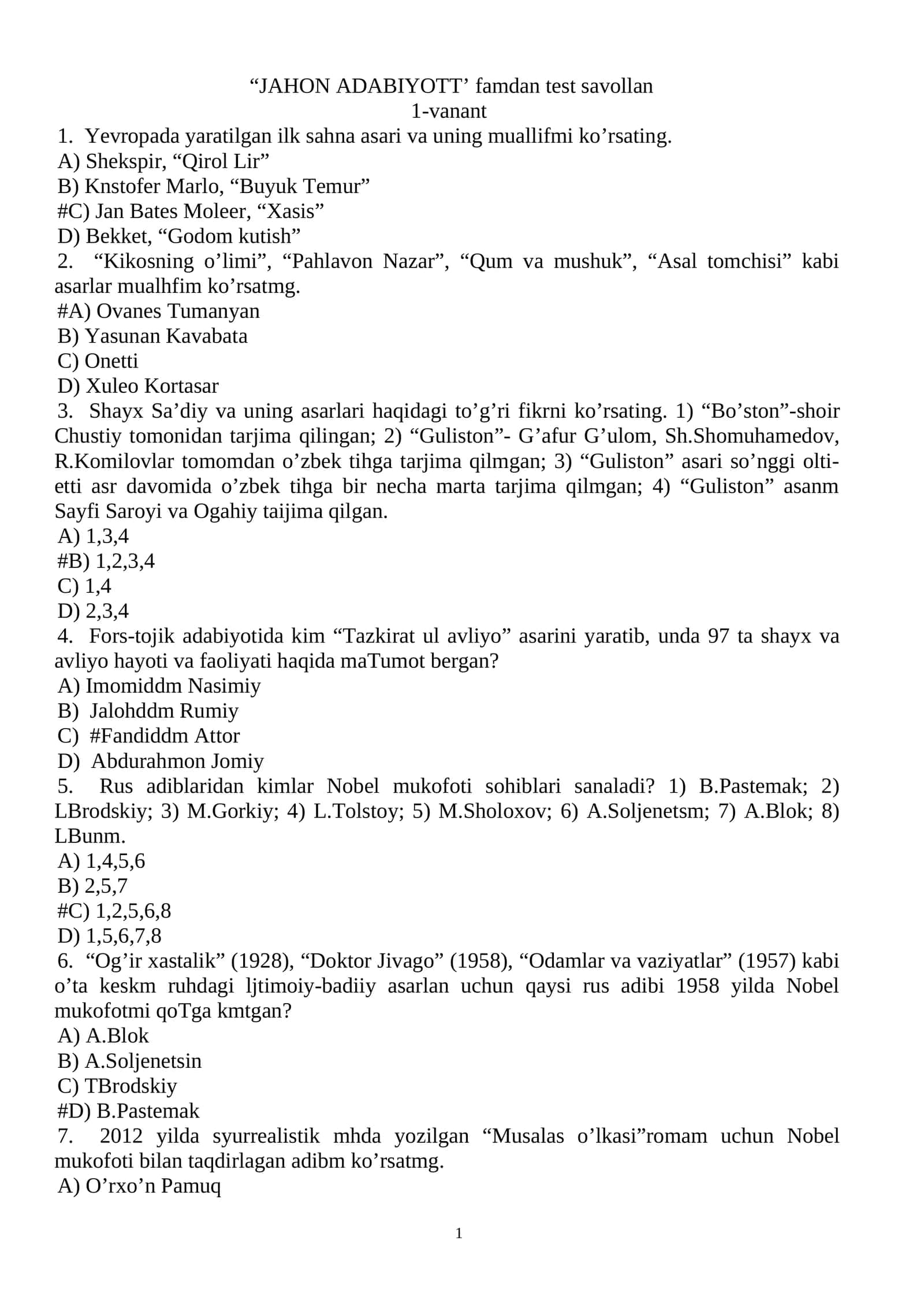 JAHON ADABIYOTT' famdan test savollan 1