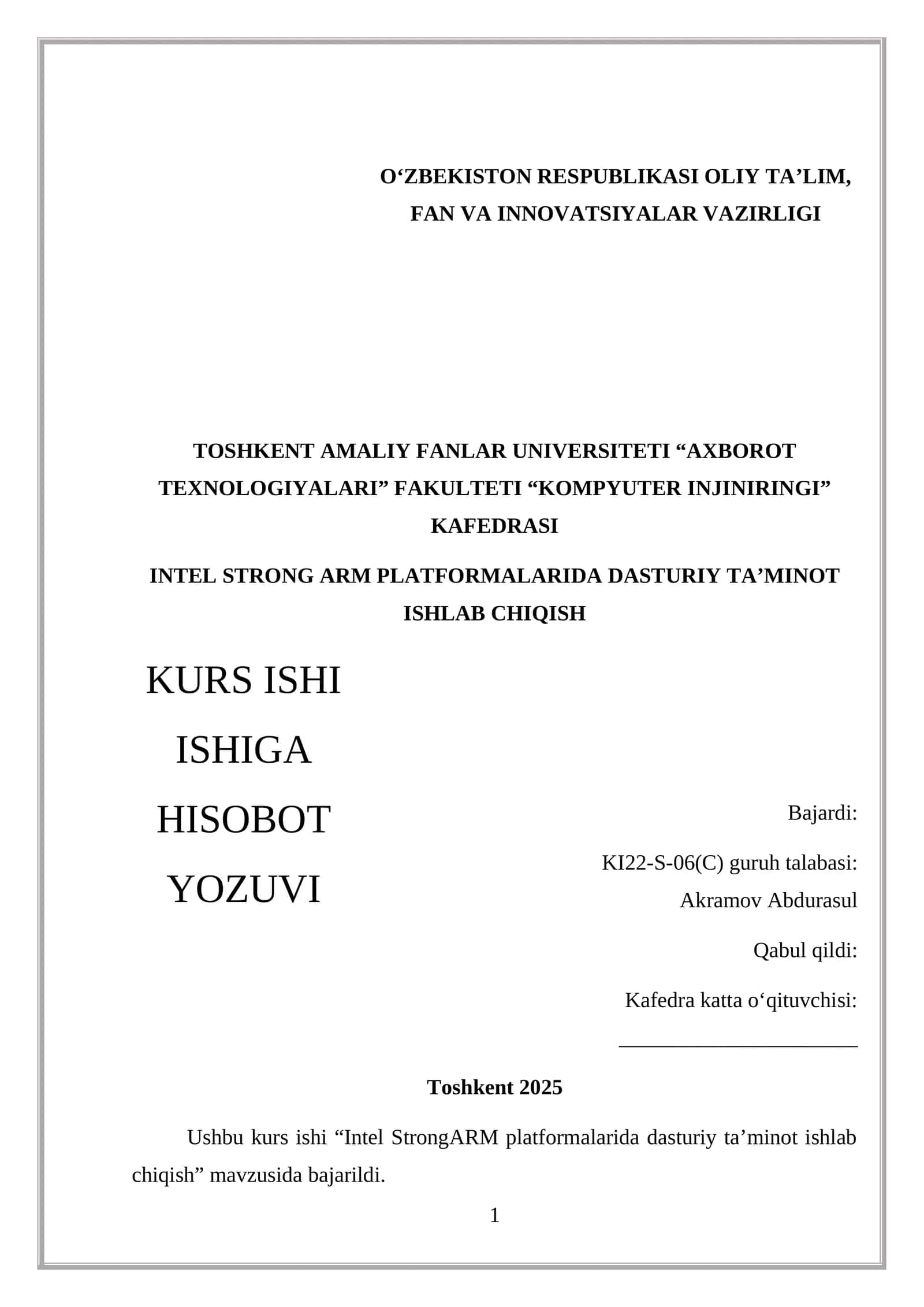 INTEL STRONG ARM PLATFORMALARIDA DASTURIY TA’MINOT ISHLAB CHIQISH 1