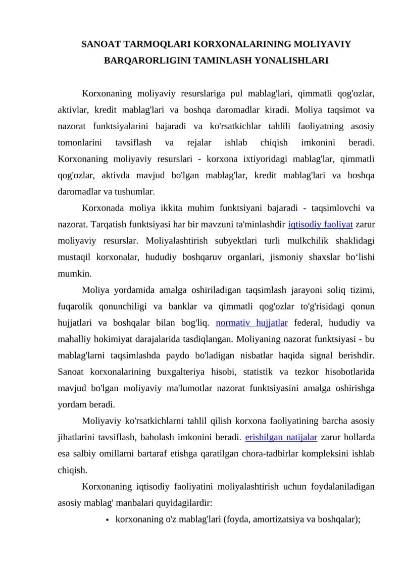 Sanoat tarmoqlari korxonalarining moliyaviy barqarorligini taminlash yonalishlari 1