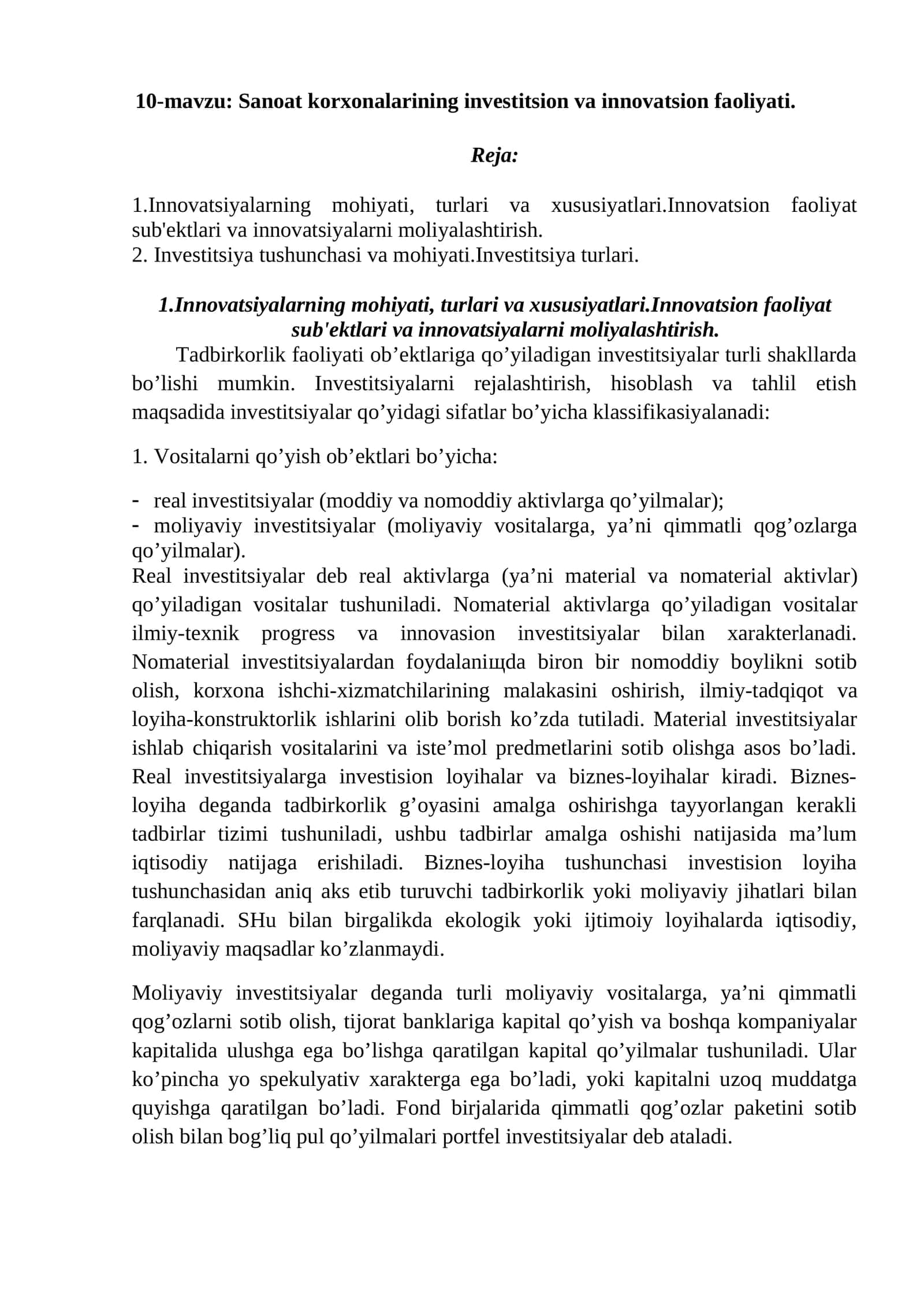 Sanoat korxonalarining investitsion va innovatsion faoliyati 1