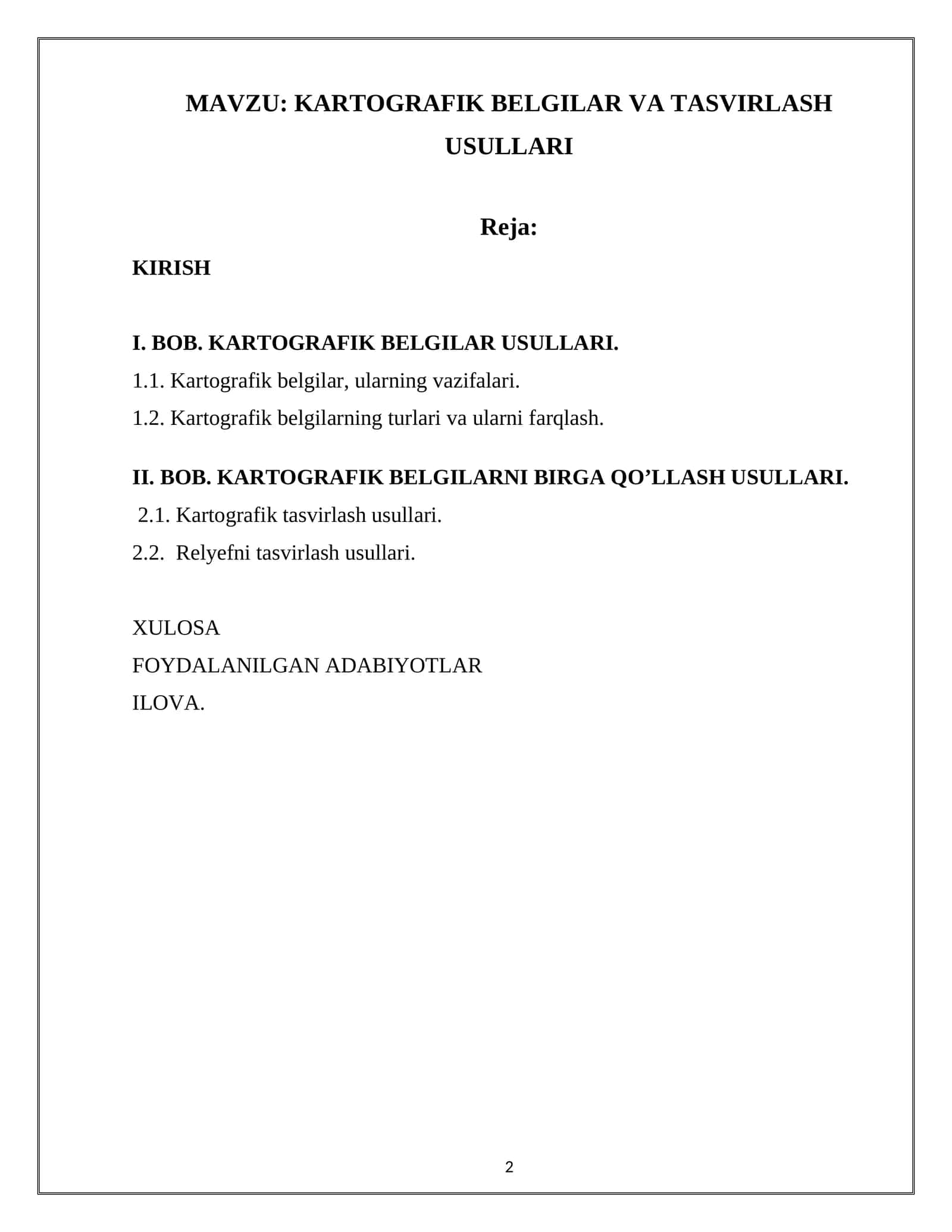 KARTOGRAFIK BELGILAR VA TASVIRLASH USULLARI 1