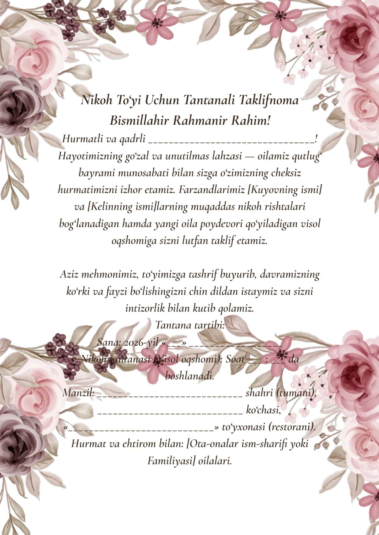 NikohTo‘yi Uchun Tantanali Taklifnoma 1