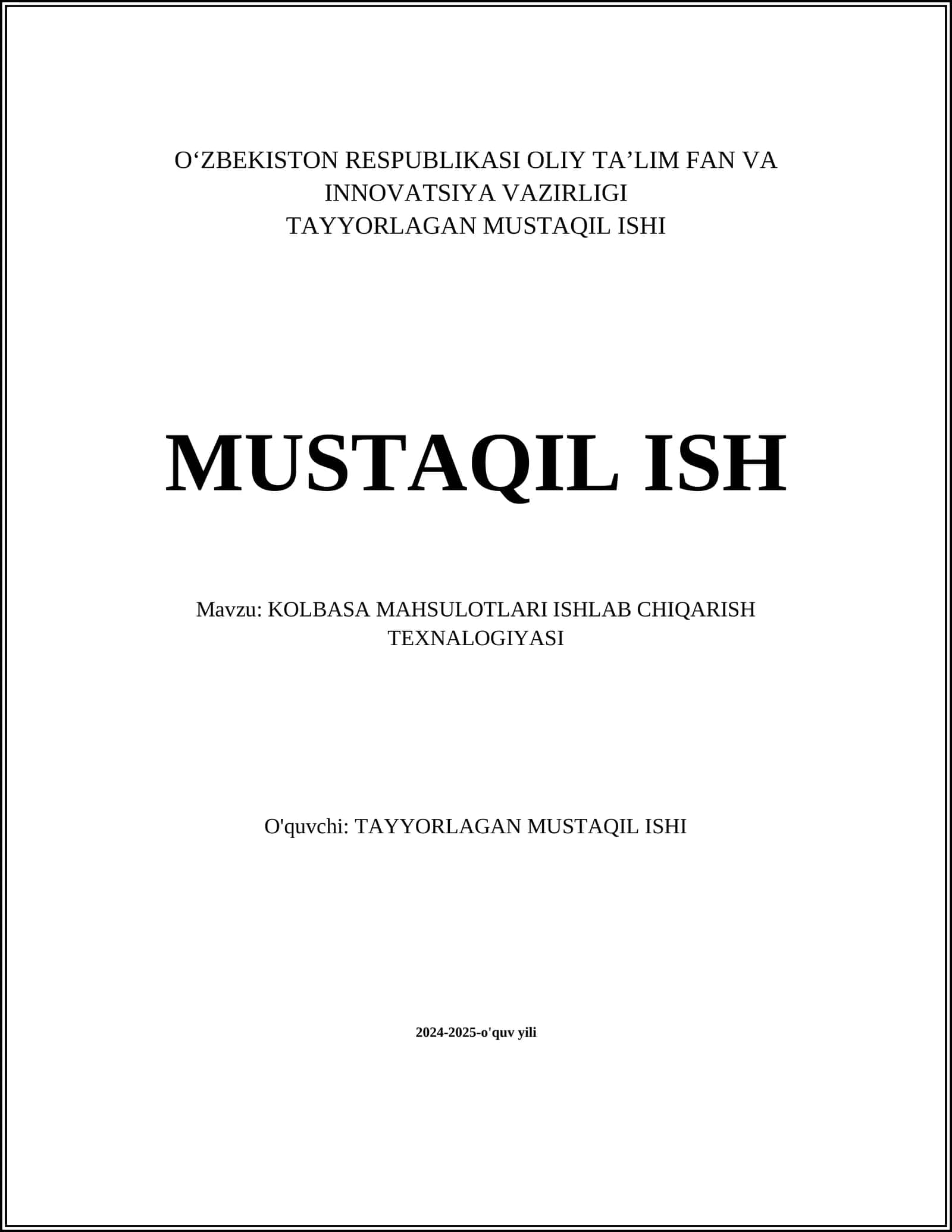 KOLBASA MAHSULOTLARI ISHLAB CHIQARISH TEXNALOGIYASI 1