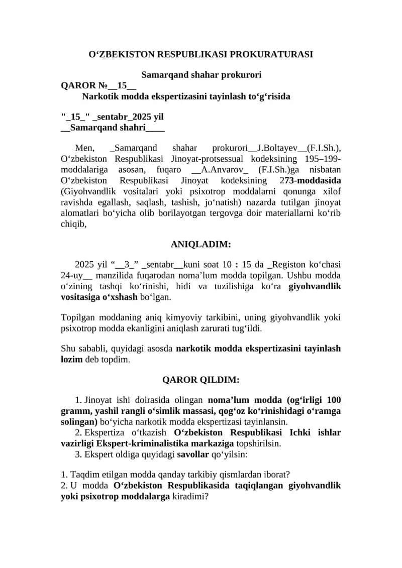 Narkotik modda ekspertizasi na'muna 1