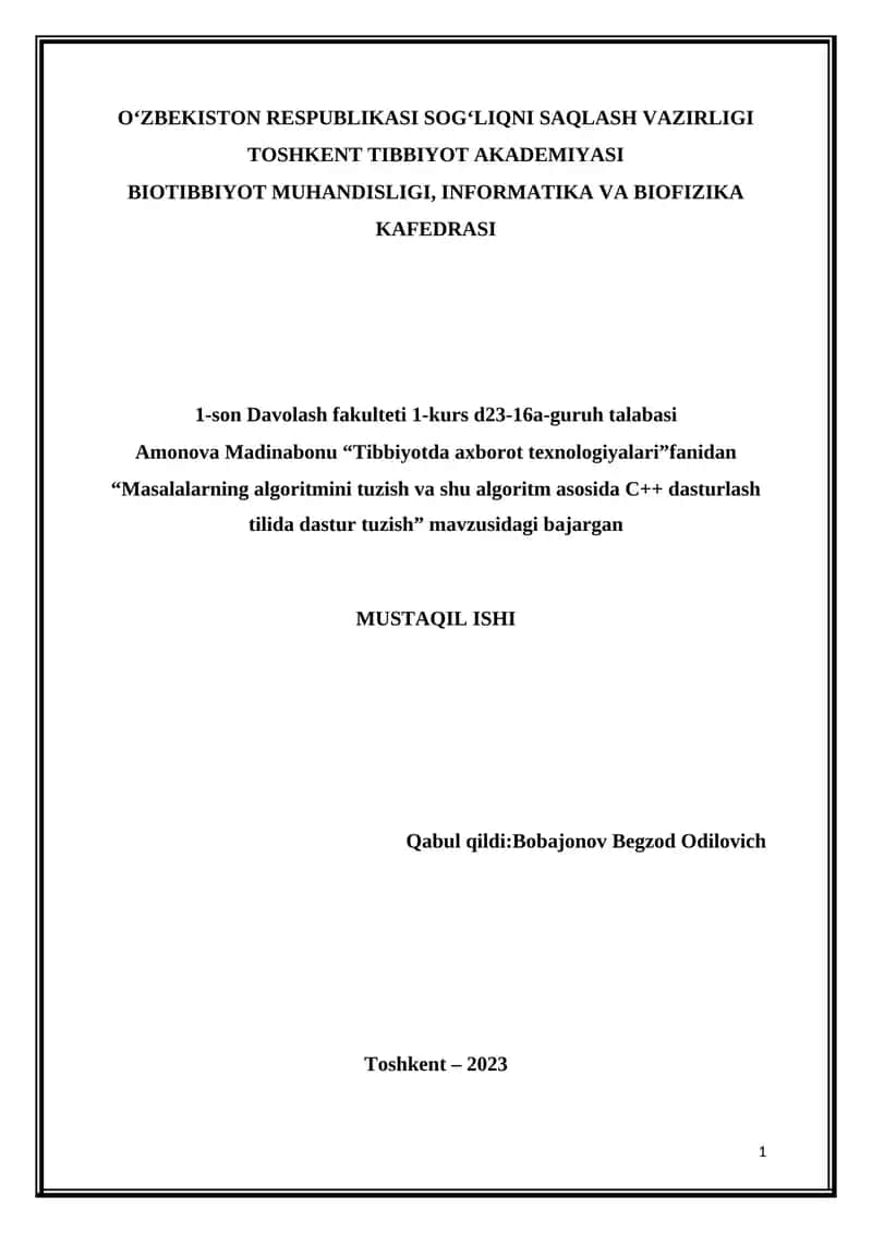 "Masalalarning algoritmini tuzish va shu algoritm asosida C++ dasturlash tilida dastur tuzish" 1