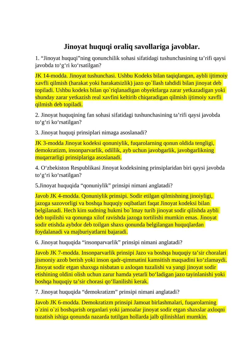 Jinoyat huquqi oraliq savollariga javoblar 1