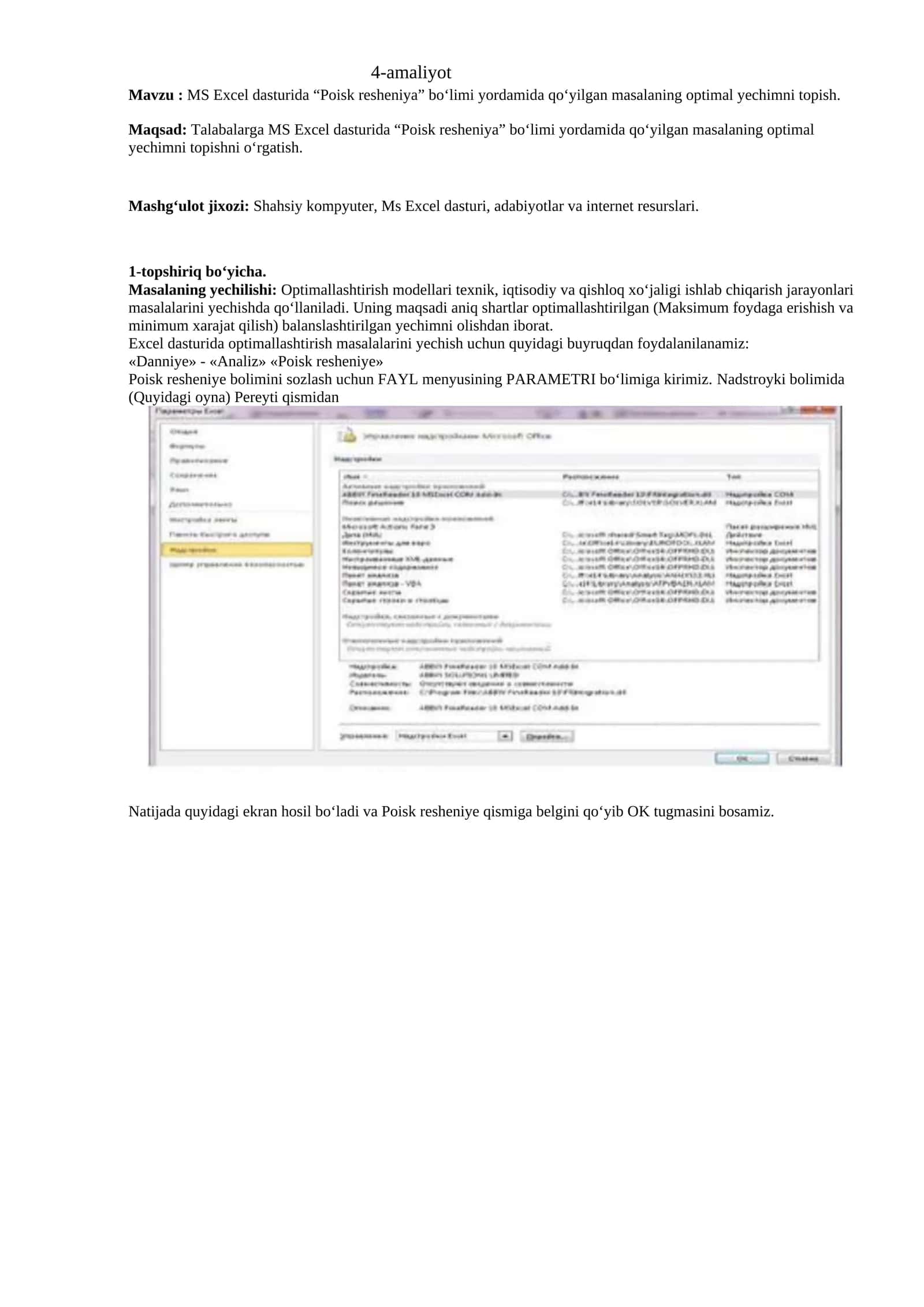 MS Excel dasturida “Poisk resheniya” bo‘limi yordamida optimal yechimni topish bo'yicha amaliy ish 1