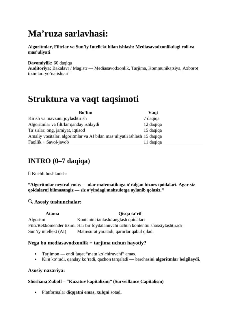 Algoritmlar, Filtrlar va Sun’iy Intellekt bilan ishlash: Mediasavodxonlikdagi roli va mas’uliyati 1