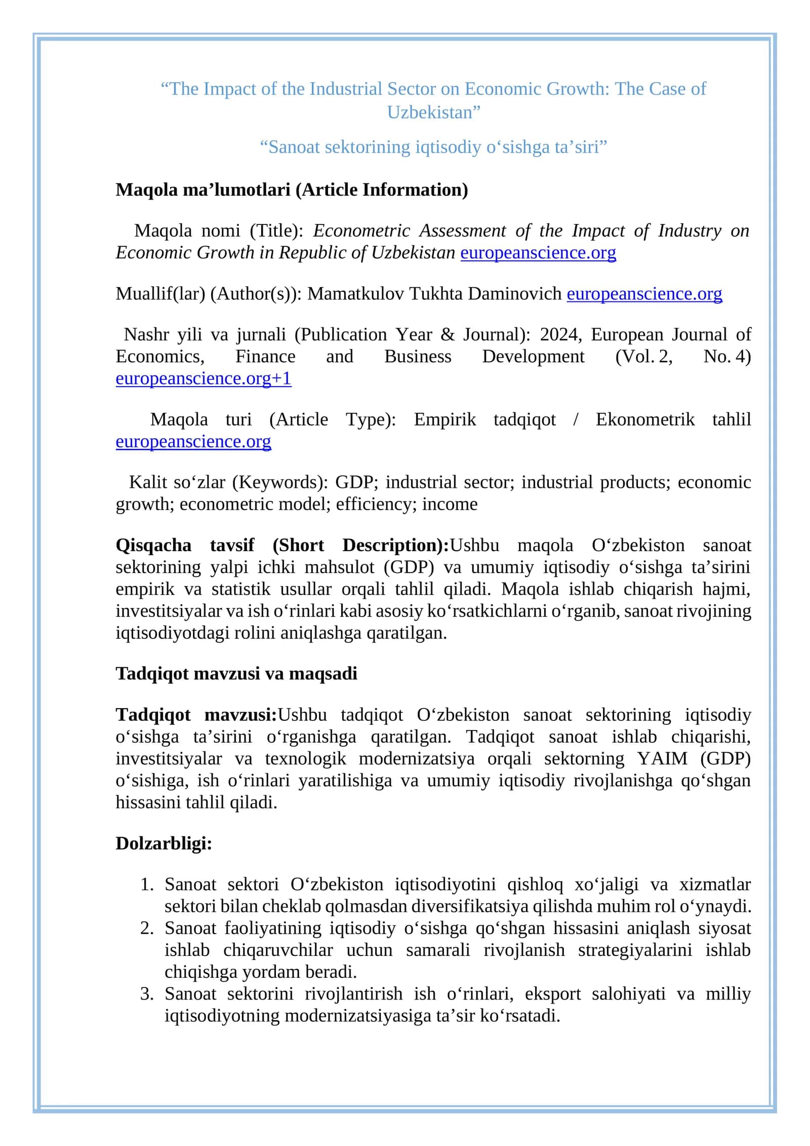 Sanoat sektorining iqtisodiy o‘sishga ta’siri 1