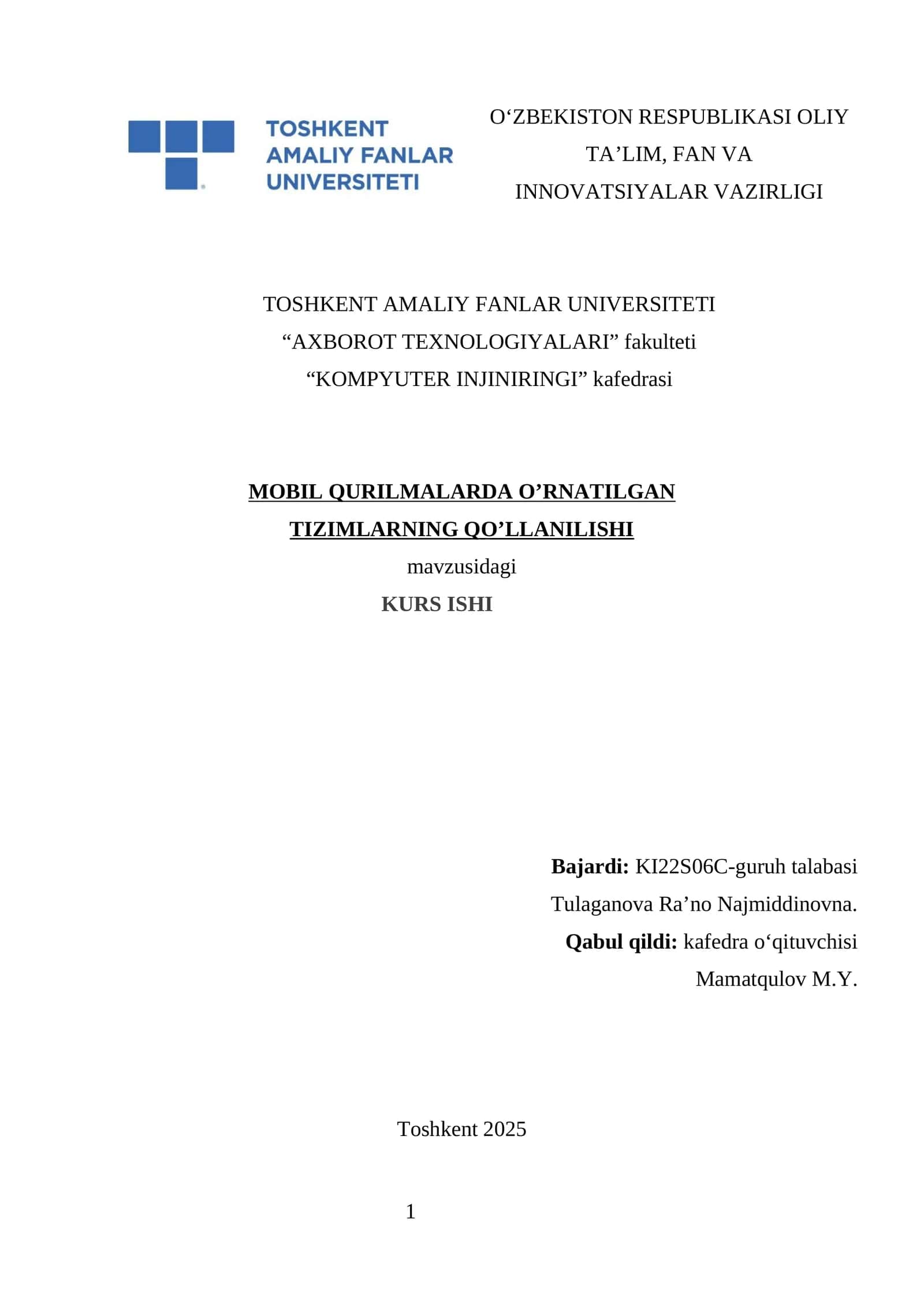 MOBIL QURILMALARDA O’RNATILGAN TIZIMLARNING QO’LLANILISHI 1