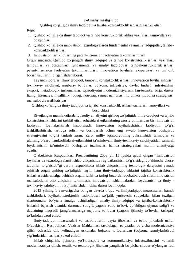 Qishloq xo`jaligida ilmiy tadqiqot va tajriba konstruktorlik ishlarini tashkil etish 1