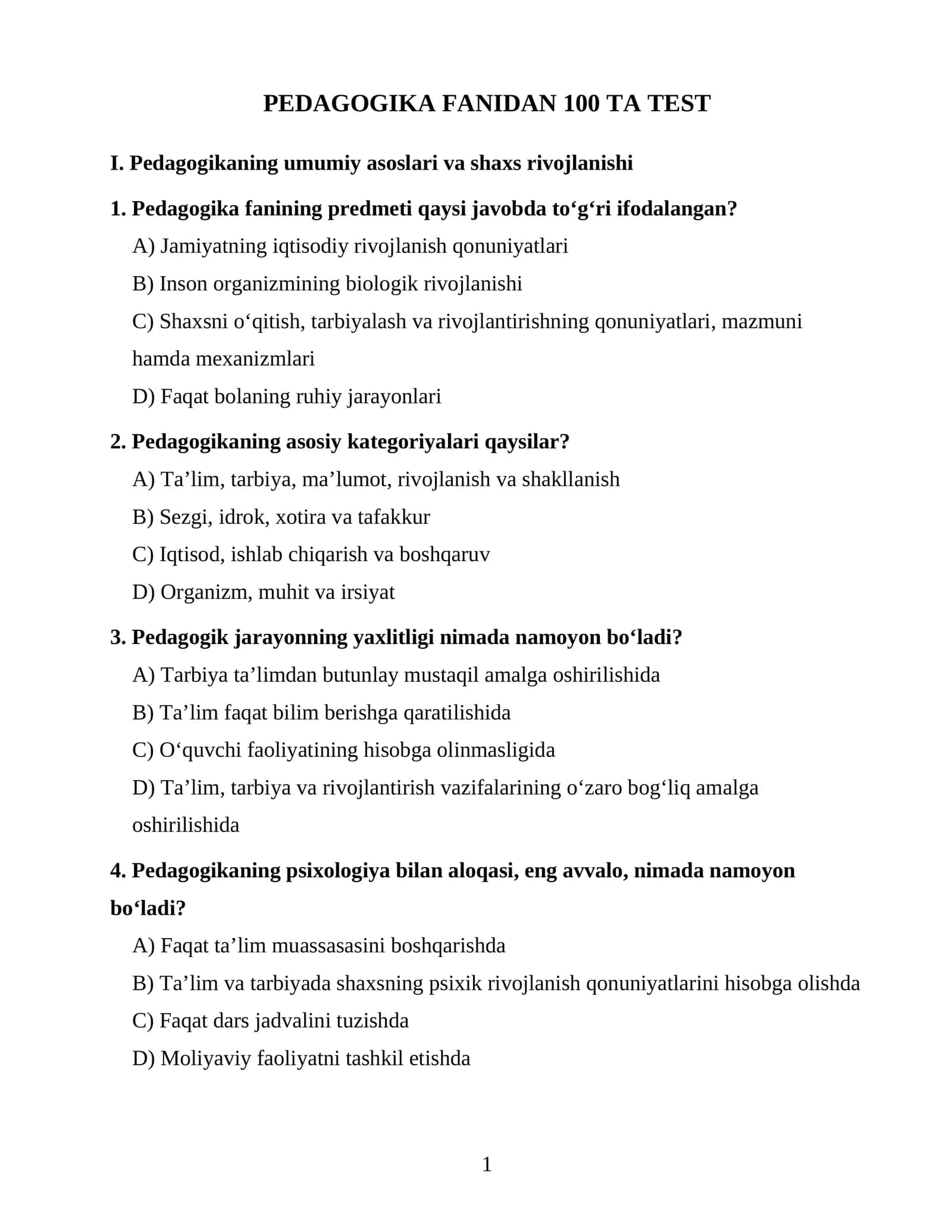 Pedagogika Fanidan 100 ta Test 1