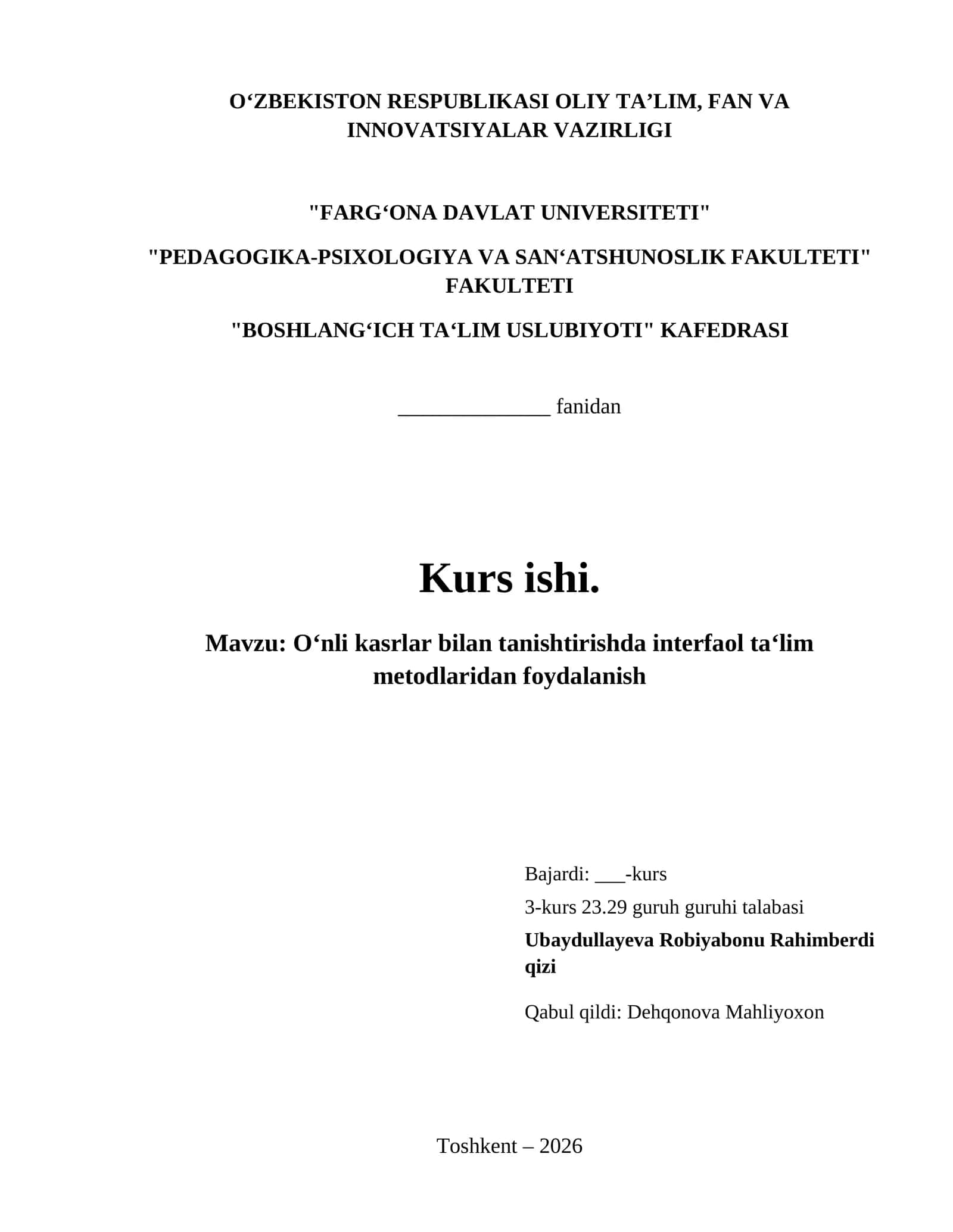 O‘nli kasrlar bilan tanishtirishda interfaol ta‘lim metodlaridan foydalanish 1