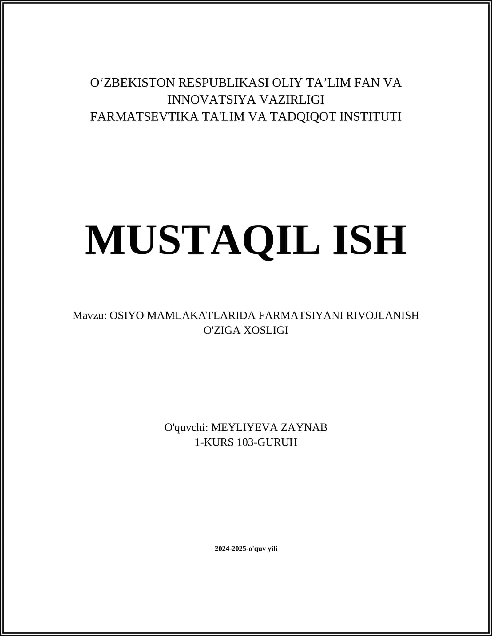 OSIYO MAMLAKATLARIDA FARMATSIYANI RIVOJLANISH O'ZIGA XOSLIGI 1