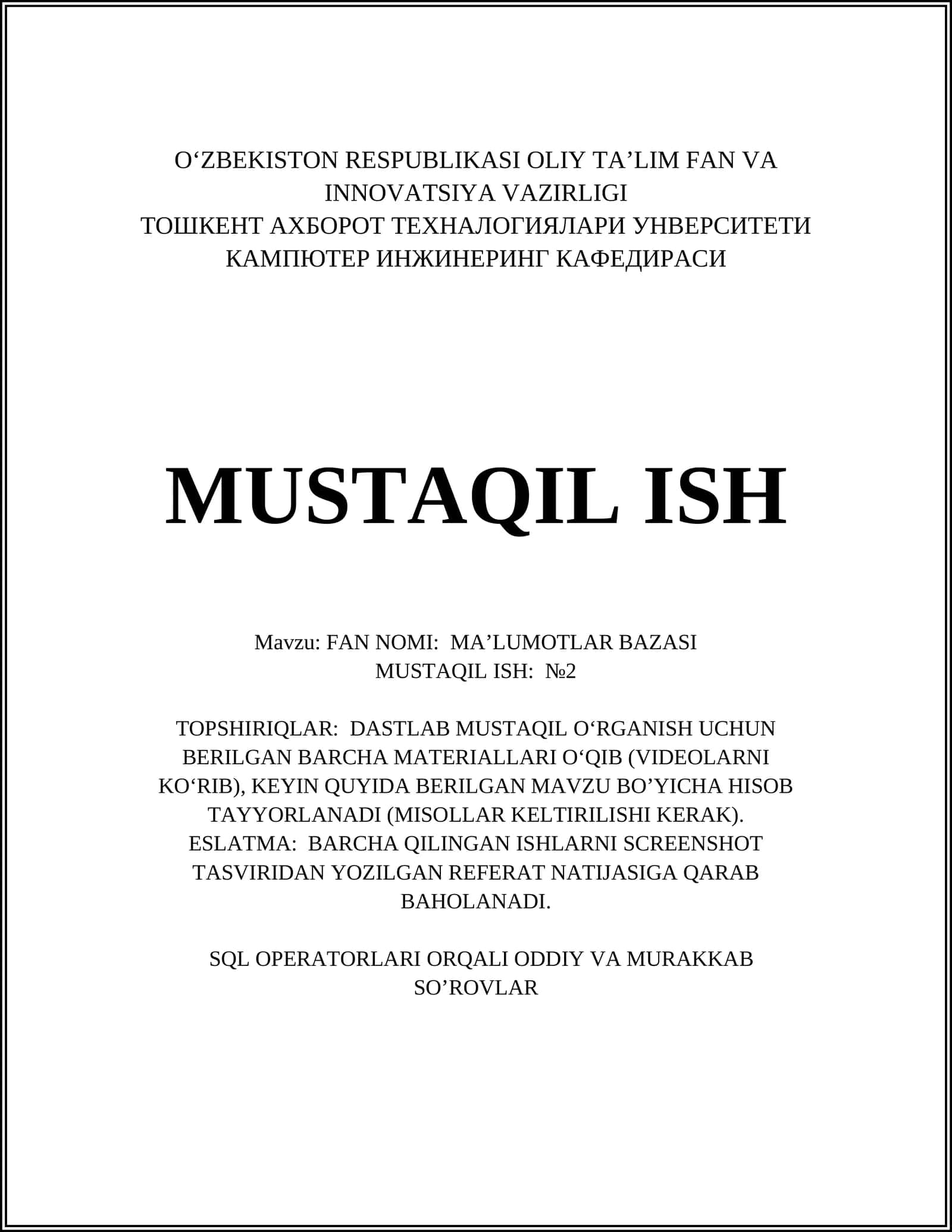 MA’LUMOTLAR BAZASI 1