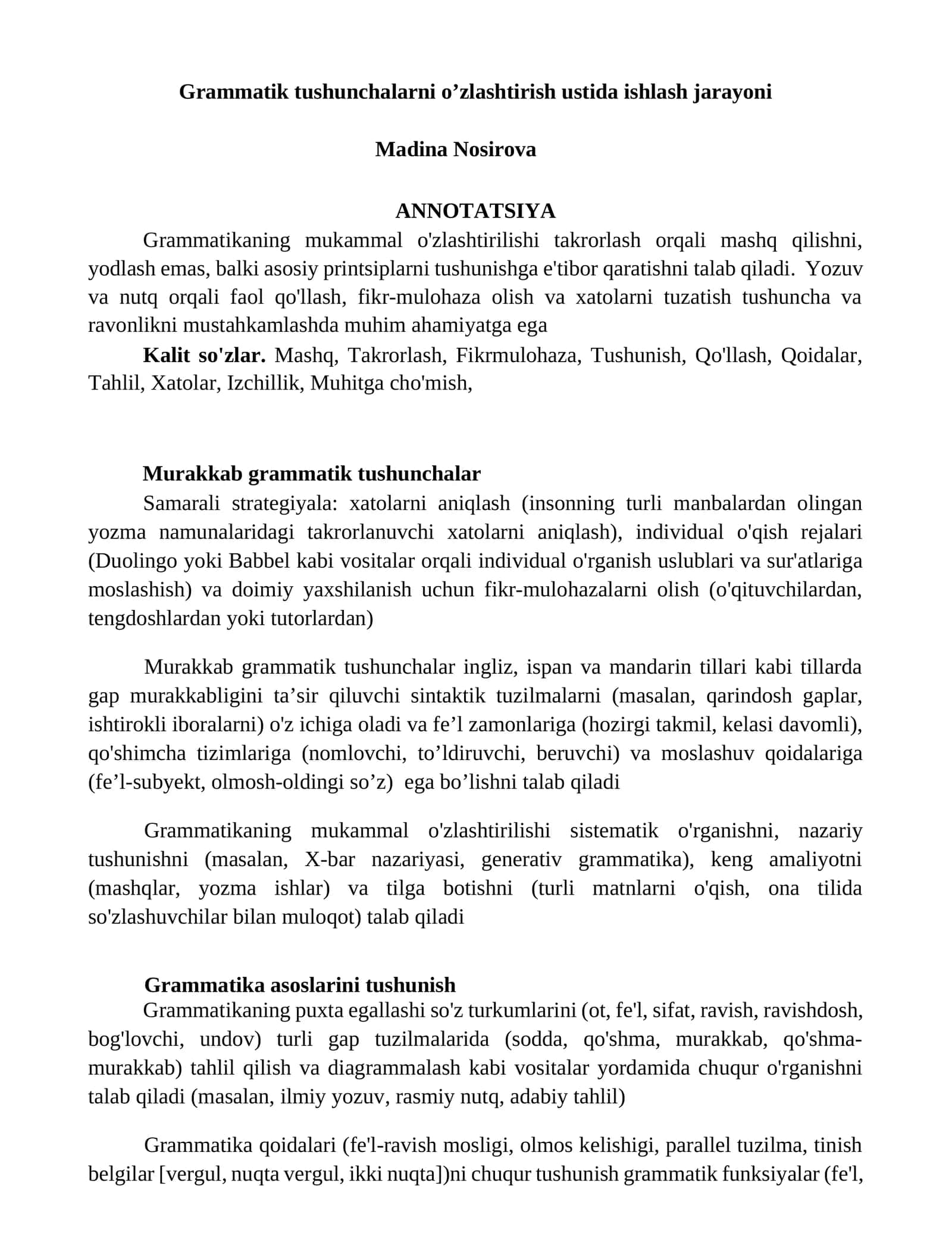 Grammatik tushunchalarni o’zlashtirish ustida ishlash jarayoni 1