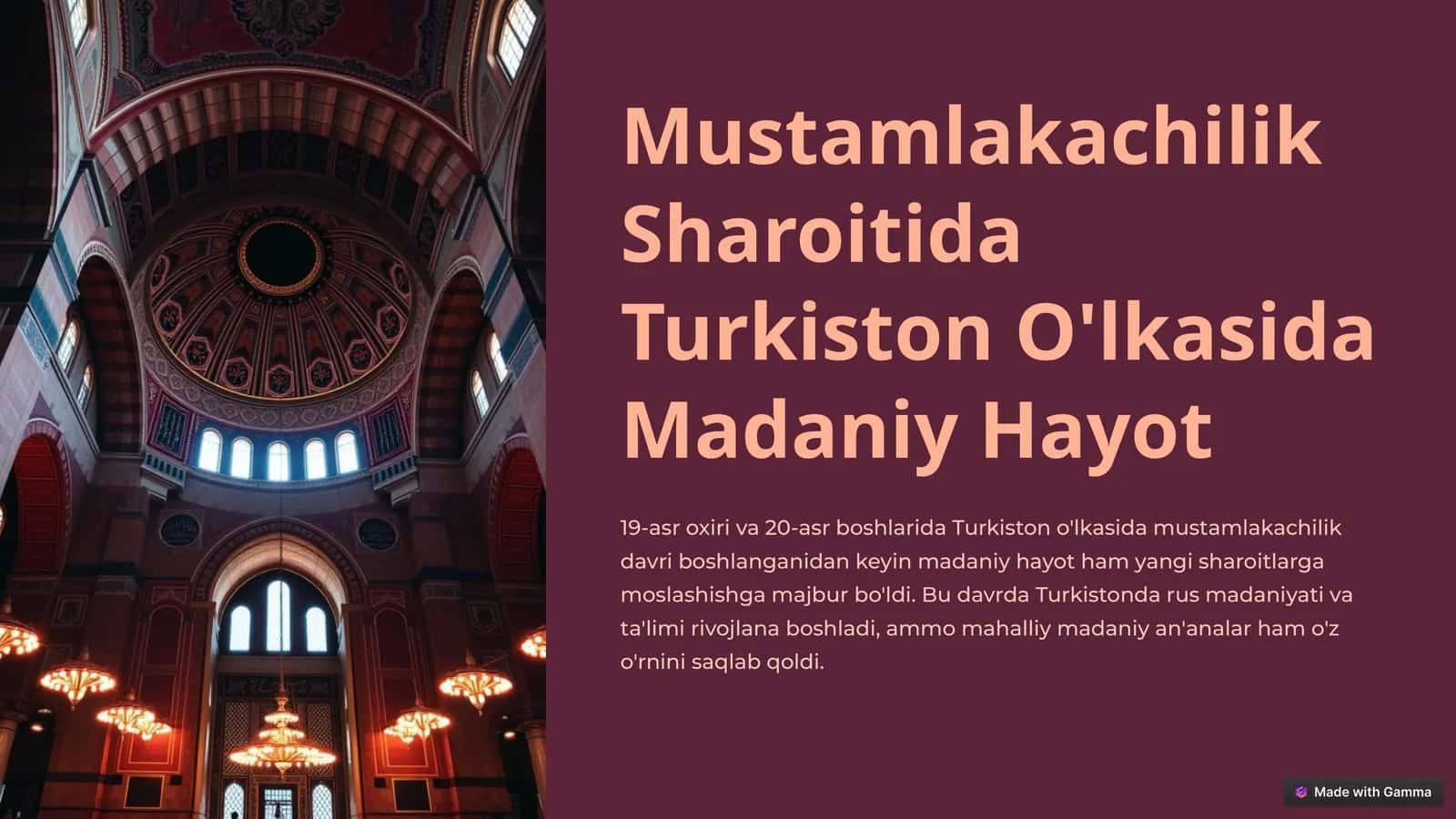 Mustamlakachilik Sharoitida Turkiston O'lkasida Madaniy Hayot 1