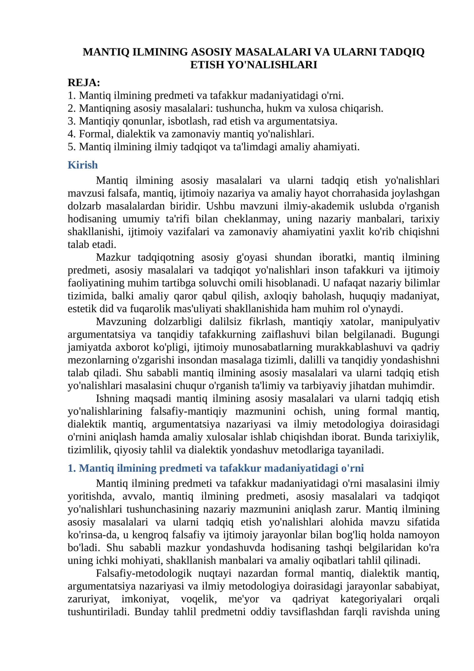 Mantiq ilmining asosiy masalalari va ularni tadqiq etish yo'nalishlari 1