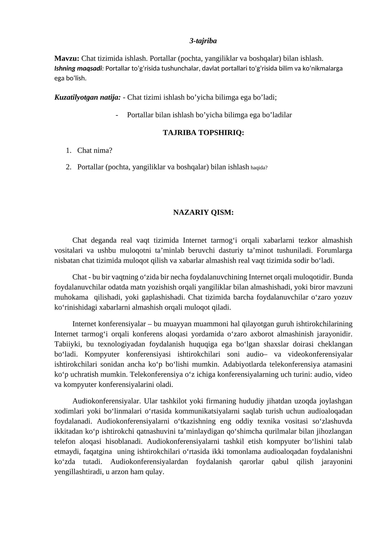 Chat tizimida ishlash. Portallar (pochta, yangiliklar va boshqalar) bilan ishlash 1