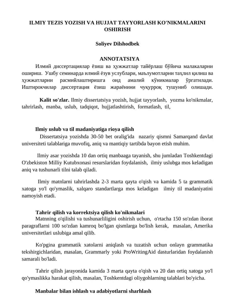ILMIY TEZIS YOZISH VA HUJJAT TAYYORLASH KO'NIKMALARINI OSHIRISH 1