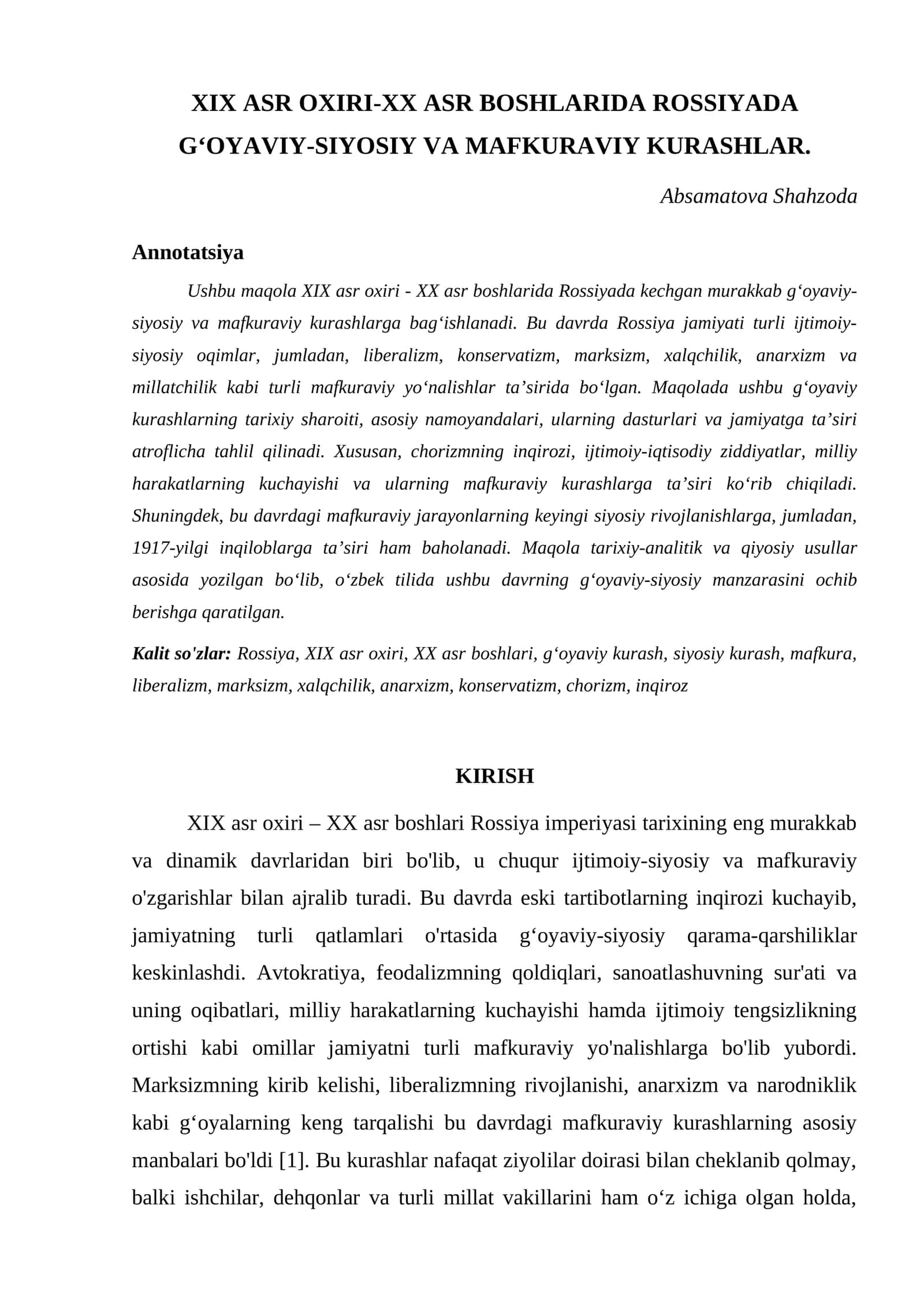 XIX ASR OXIRI-XX ASR BOSHLARIDA ROSSIYADA GʻOYAVIY-SIYOSIY VA MAFKURAVIY KURASHLAR 1