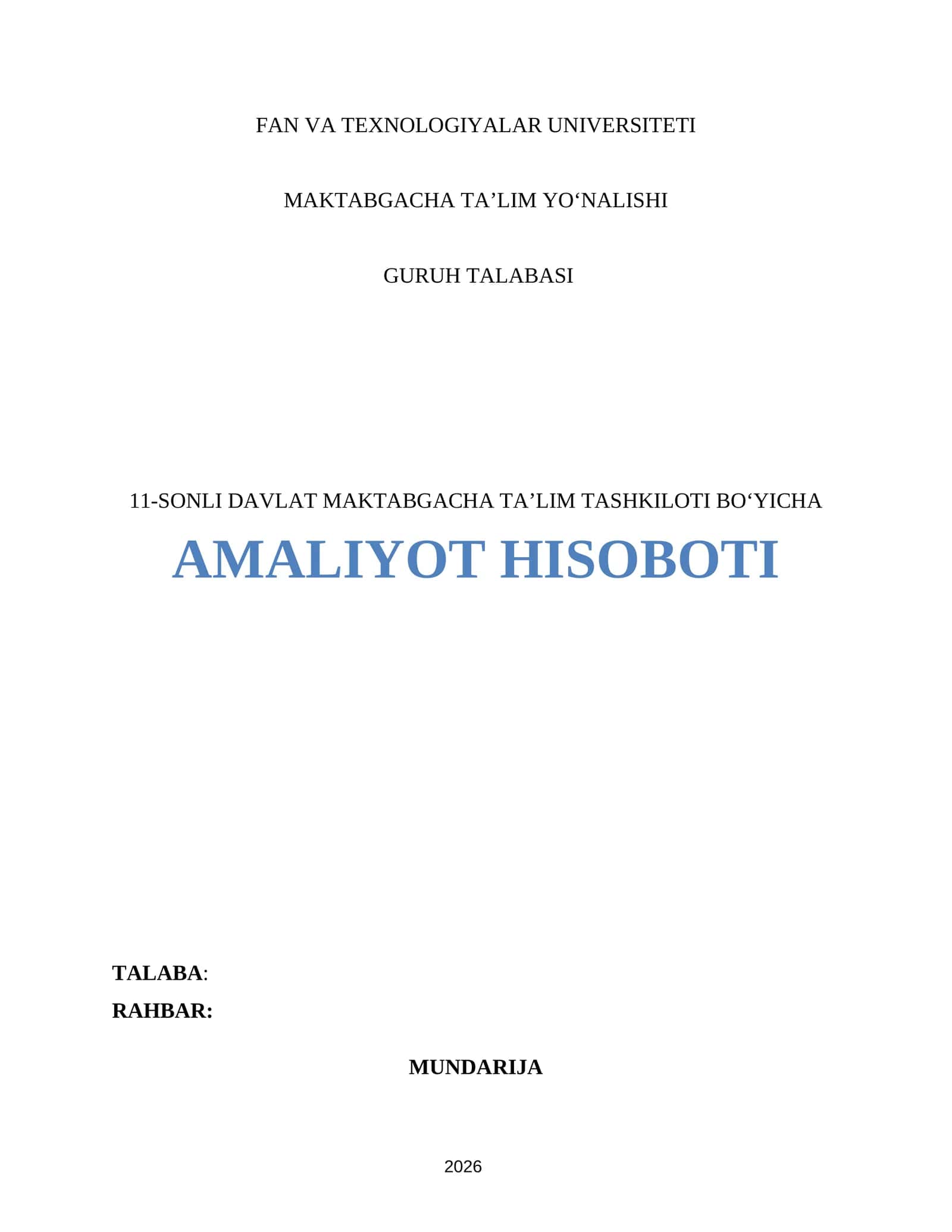 AMALIYOT HISOBOTI. Bog'cha bo'yicha (MTT) 1