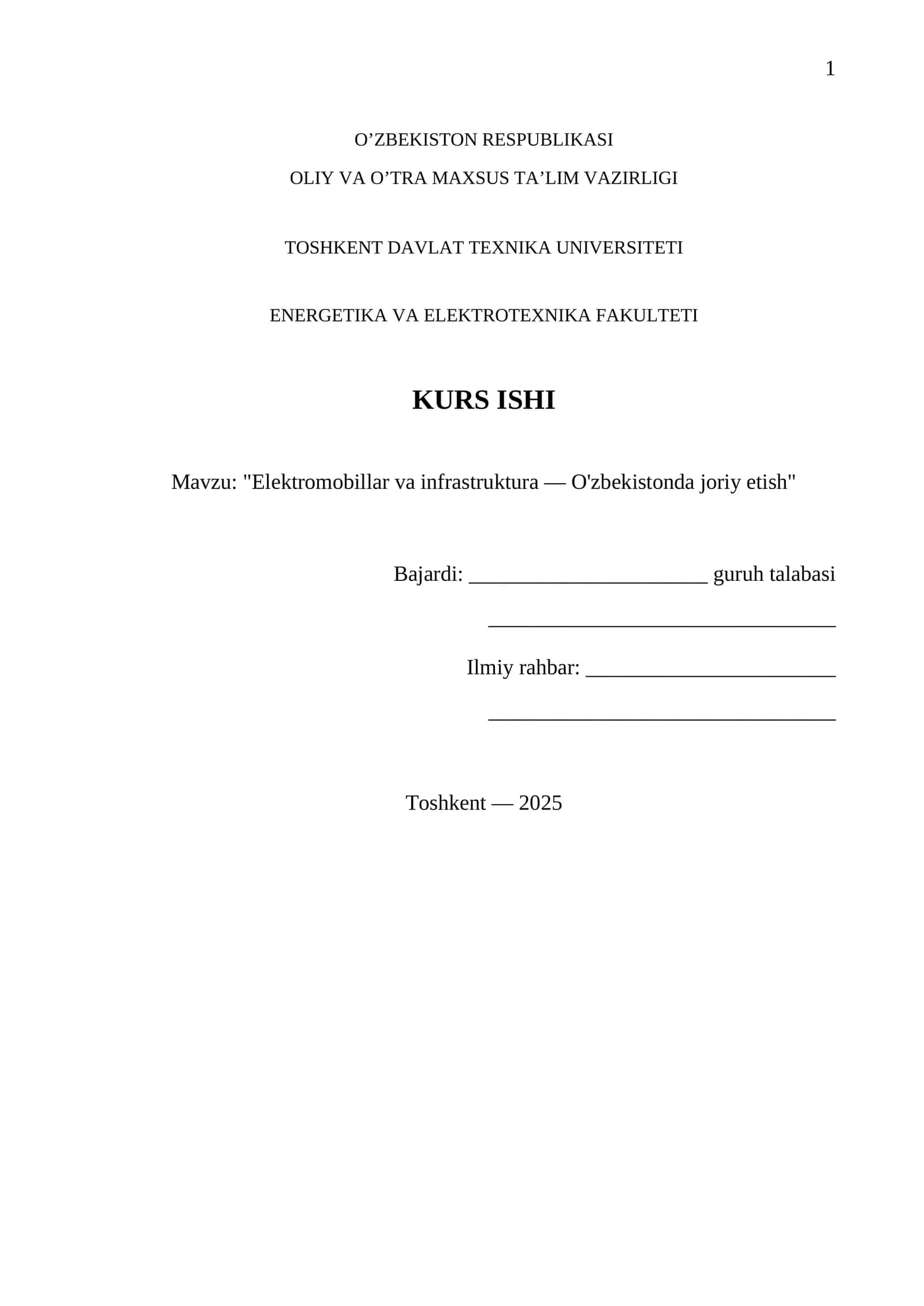 Elektromobillar va infrastruktura — O'zbekistonda joriy etish 1