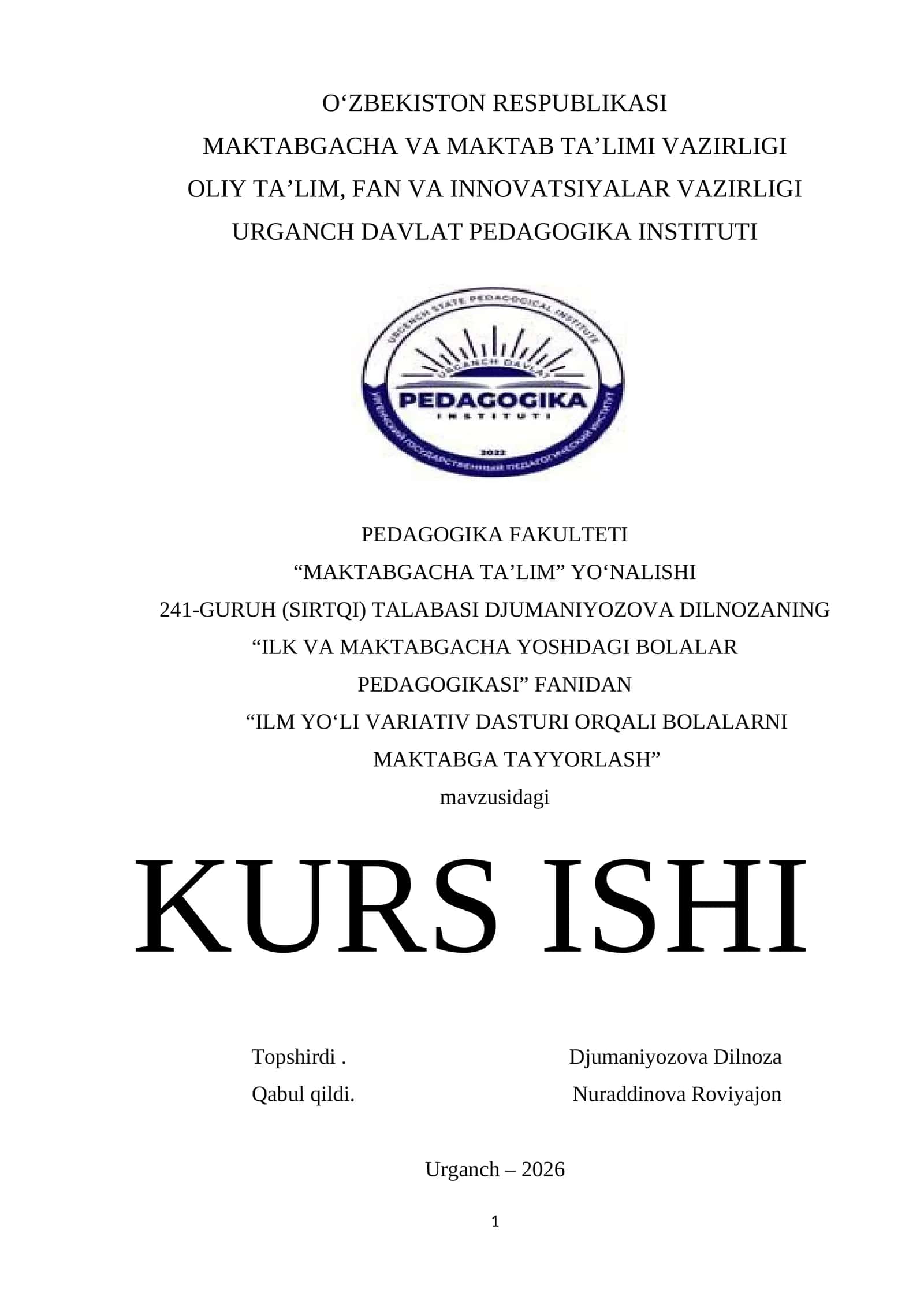 "ILM YO'LI" VARIATIV DASTURI ORQALI BOLALARNI MAKTABGA TAYYORLASH 1