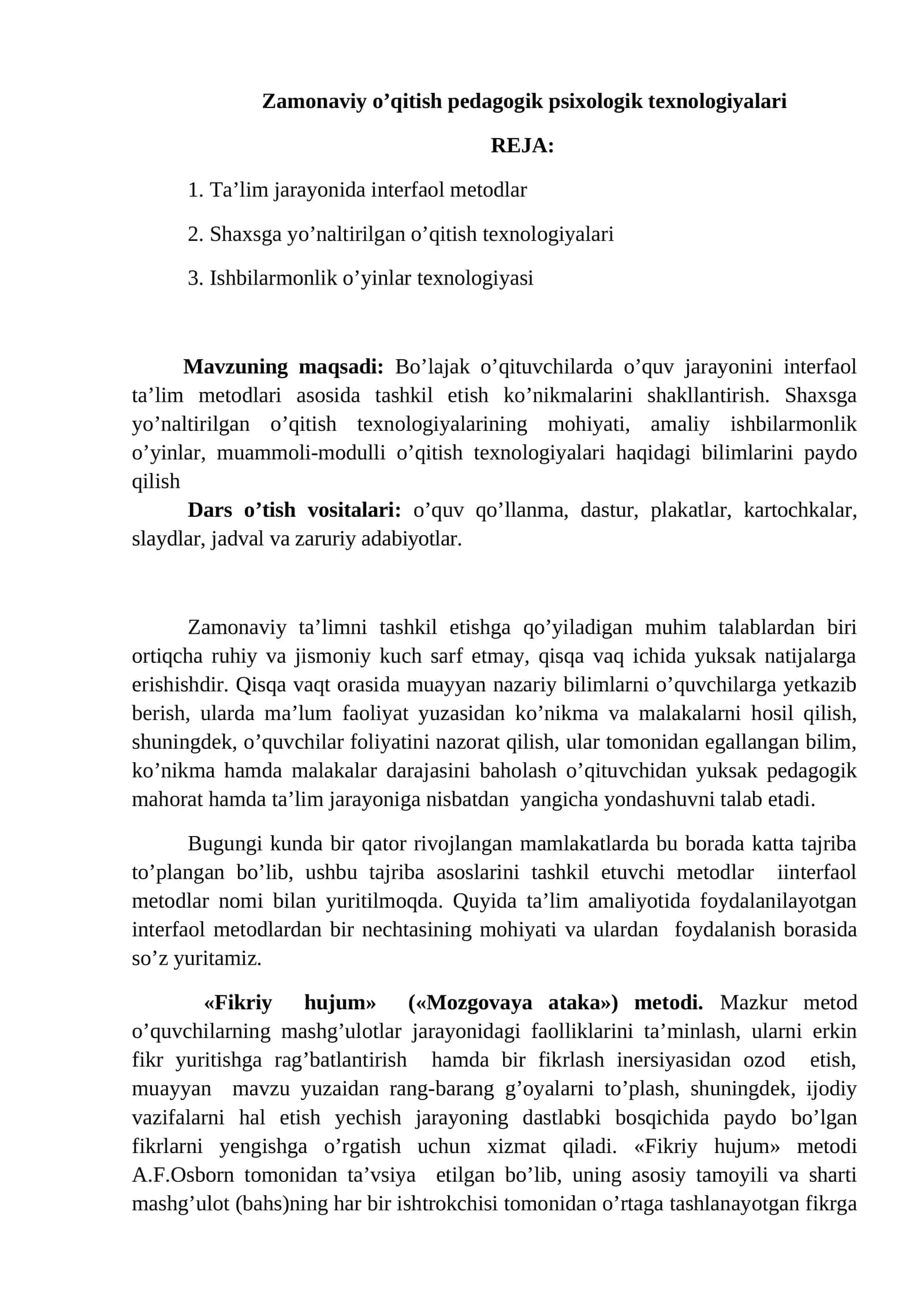 Zamonaviy o’qitish pedagogik psixologik texnologiyalari 1