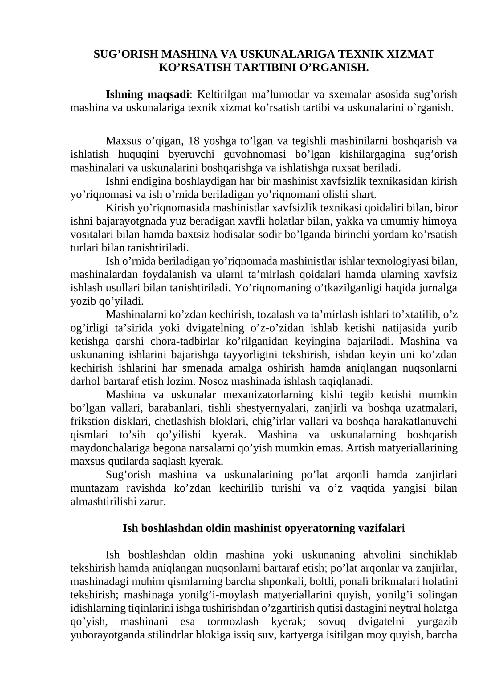 Sug’orish mashina va uskunalariga texnik xizmat ko’rsatish tartibini o’rganish 1