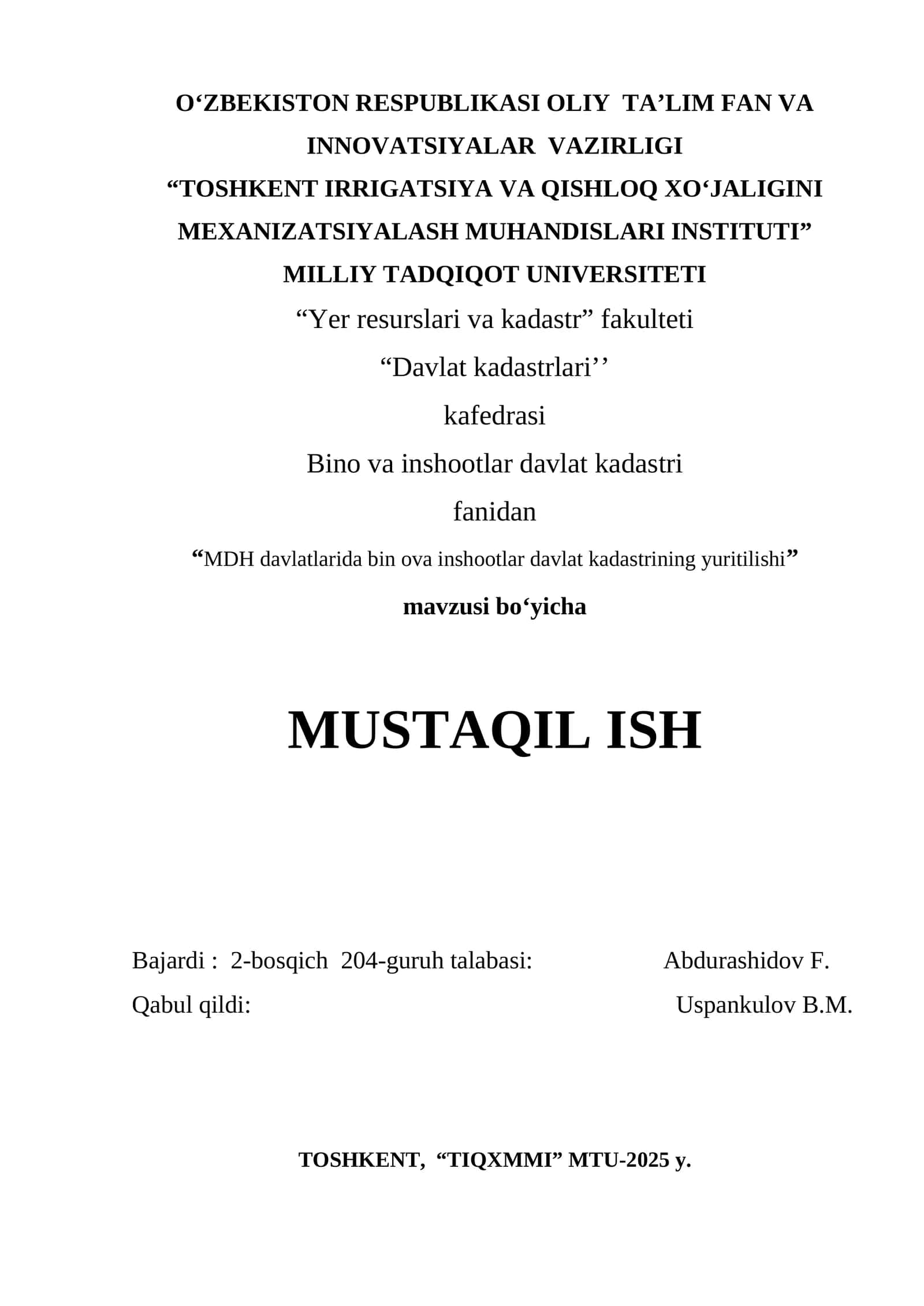 MDH davlatlarida bin ova inshootlar davlat kadastrining yuritilishi 1