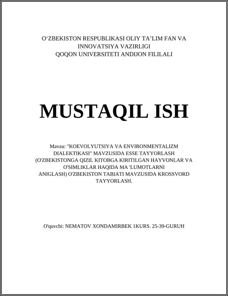 "KOEVOLYUTSIYA VA ENVIRONMENTALIZM DIALEKTIKASI" MAVZUSIDA ESSE TAYYORLASH 1