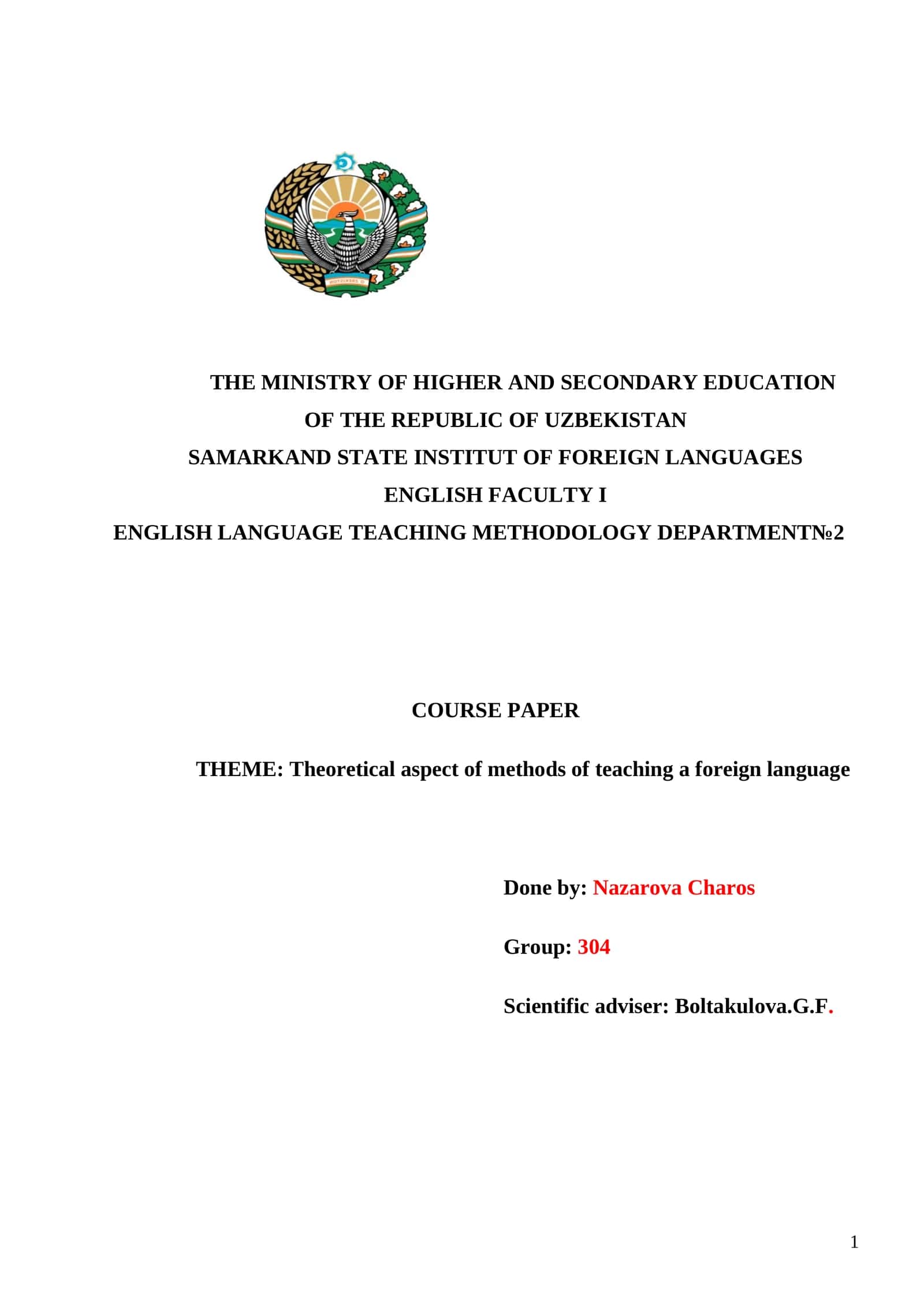 English Language Teaching Methodology Course Paper 1