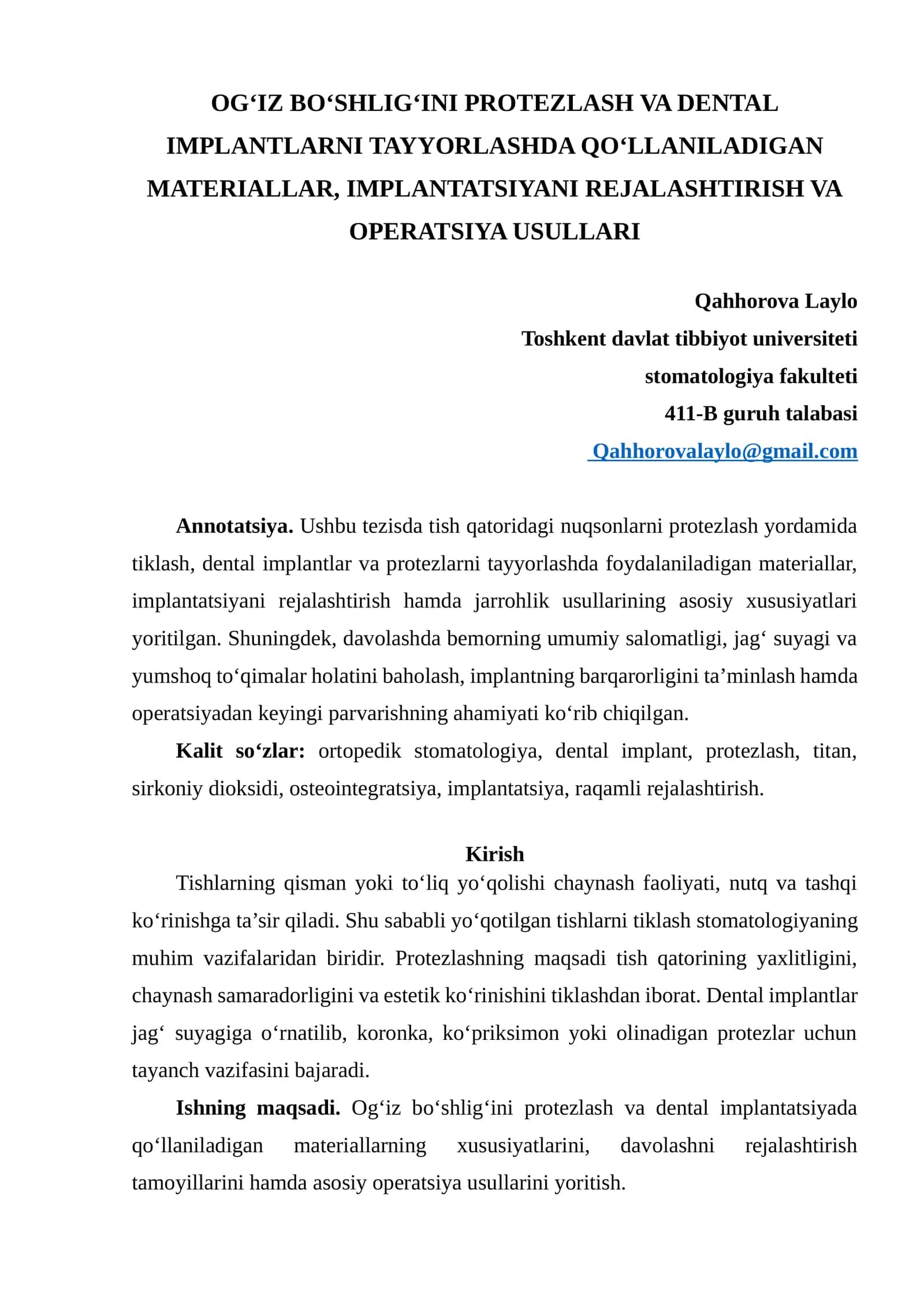OG‘IZ BO‘SHLIG‘INI PROTEZLASH VA DENTAL IMPLANTLARNI TAYYORLASHDA QO‘LLANILADIGAN MATERIALLAR, IMPLANTATSIYANI REJALASHTIRISH VA OPERATSIYA USULLARI 1