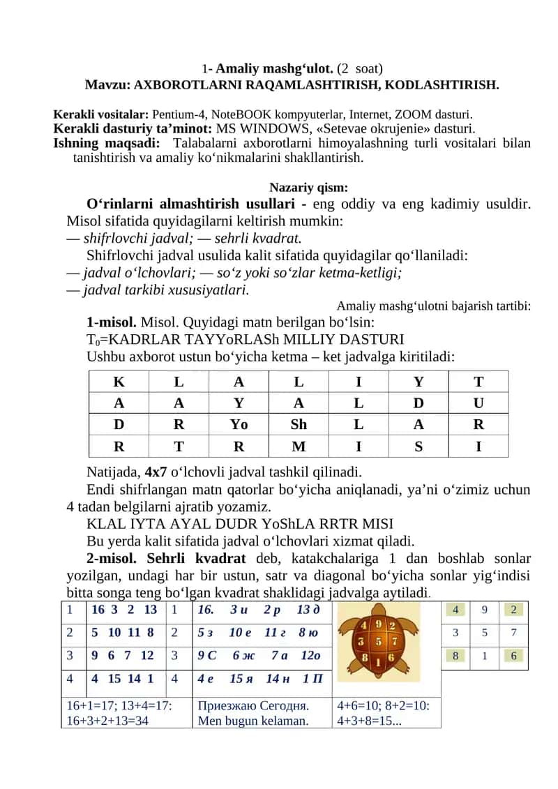AXBOROTLARNI RAQAMLASHTIRISH, KODLASHTIRISH 1