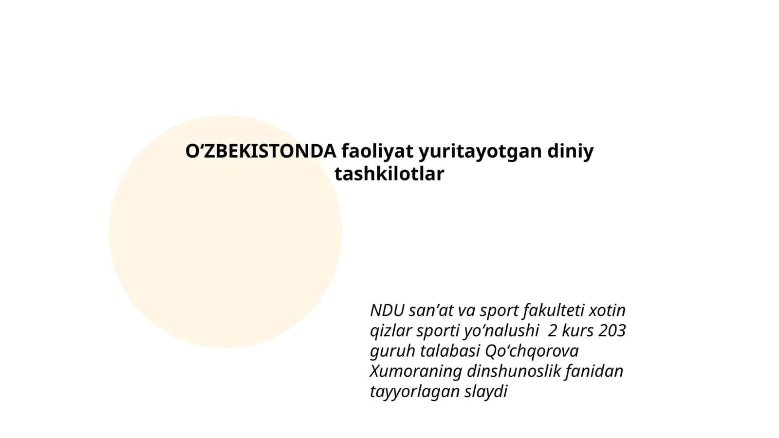 Qoʻchqorova Xumoraning dinshunoslik slaydi 1