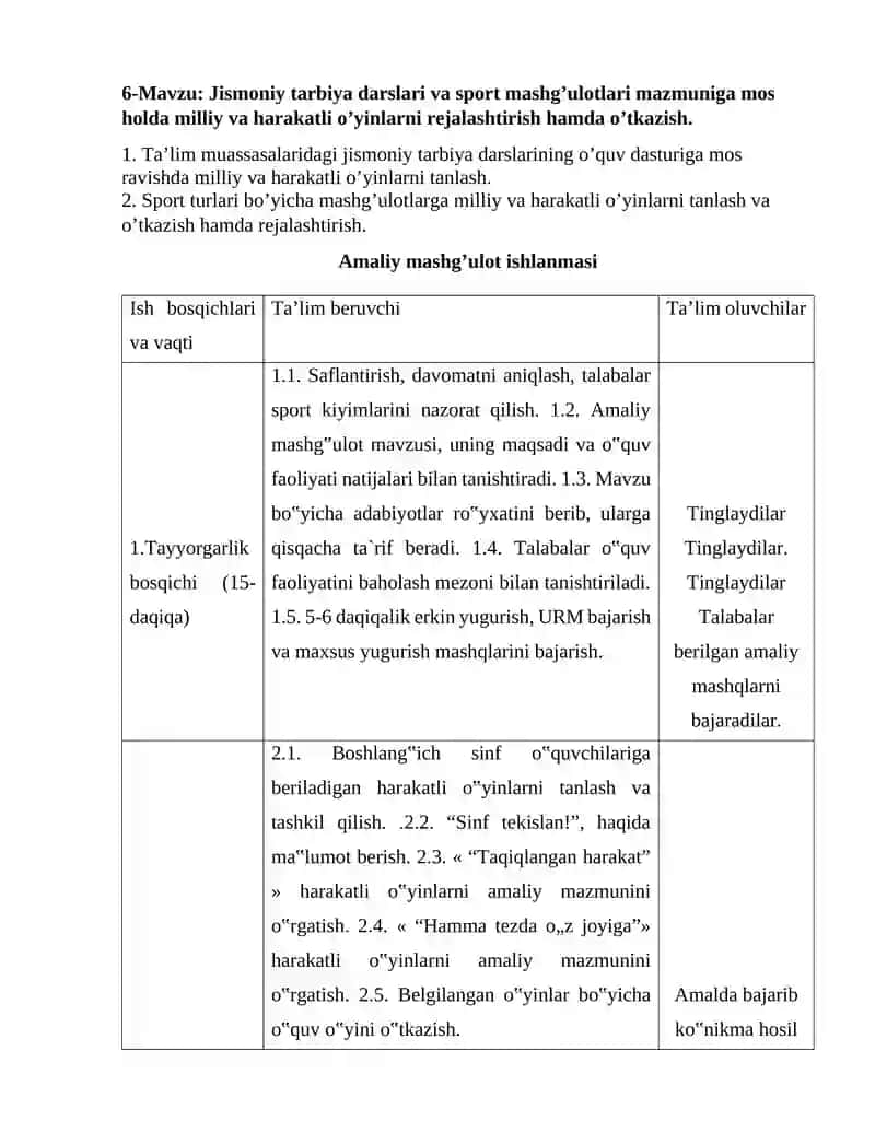 Jismoniy tarbiya darslari va sport mashg’ulotlari